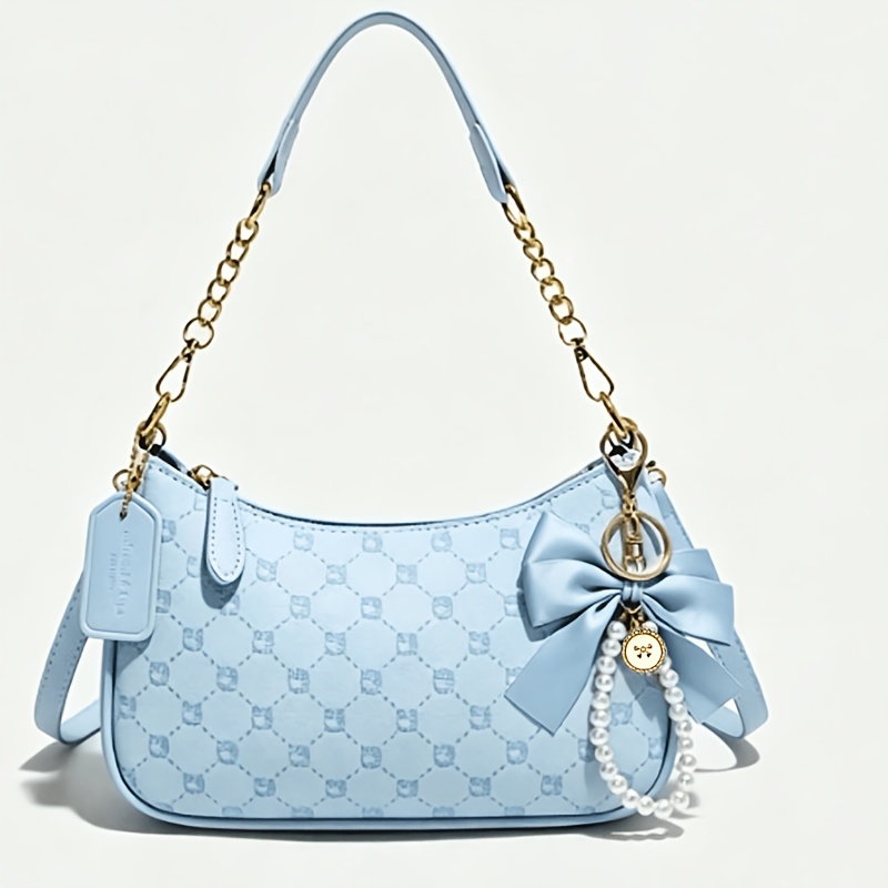 TEMU Cahvin Koeinz Women's Small Handbag, Light Blue Printed Shoulder Bag For Women, Cute Bow Pendant, Detachable Thin Strap Handbag Crossbody Mini