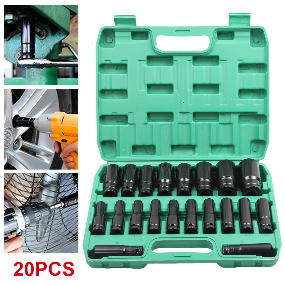item picture 10/20pcs, 1/2in, Deep Impact Socket Set, Portable Electric Wrench Socket Set, 10-24mm Caliber Hex Bit Tool Set, Local Stock Shipping, Deep Metric Socket Set, Long-Reach Wheel Wrench Nuts, Suitable for Industrial Repairs, Home Decoration, Automotive