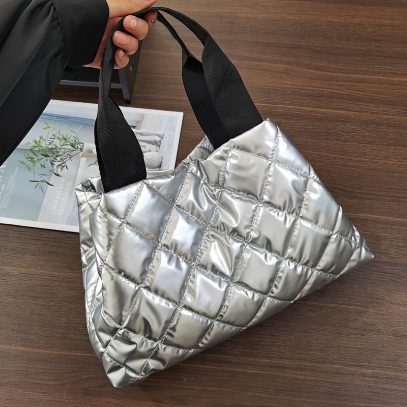 

Fashion Tote Bag, Casual Large Capacity Shoulder Handbag, Pu Quilted Silvery Color Bag, Versatile Seasonal Accessory