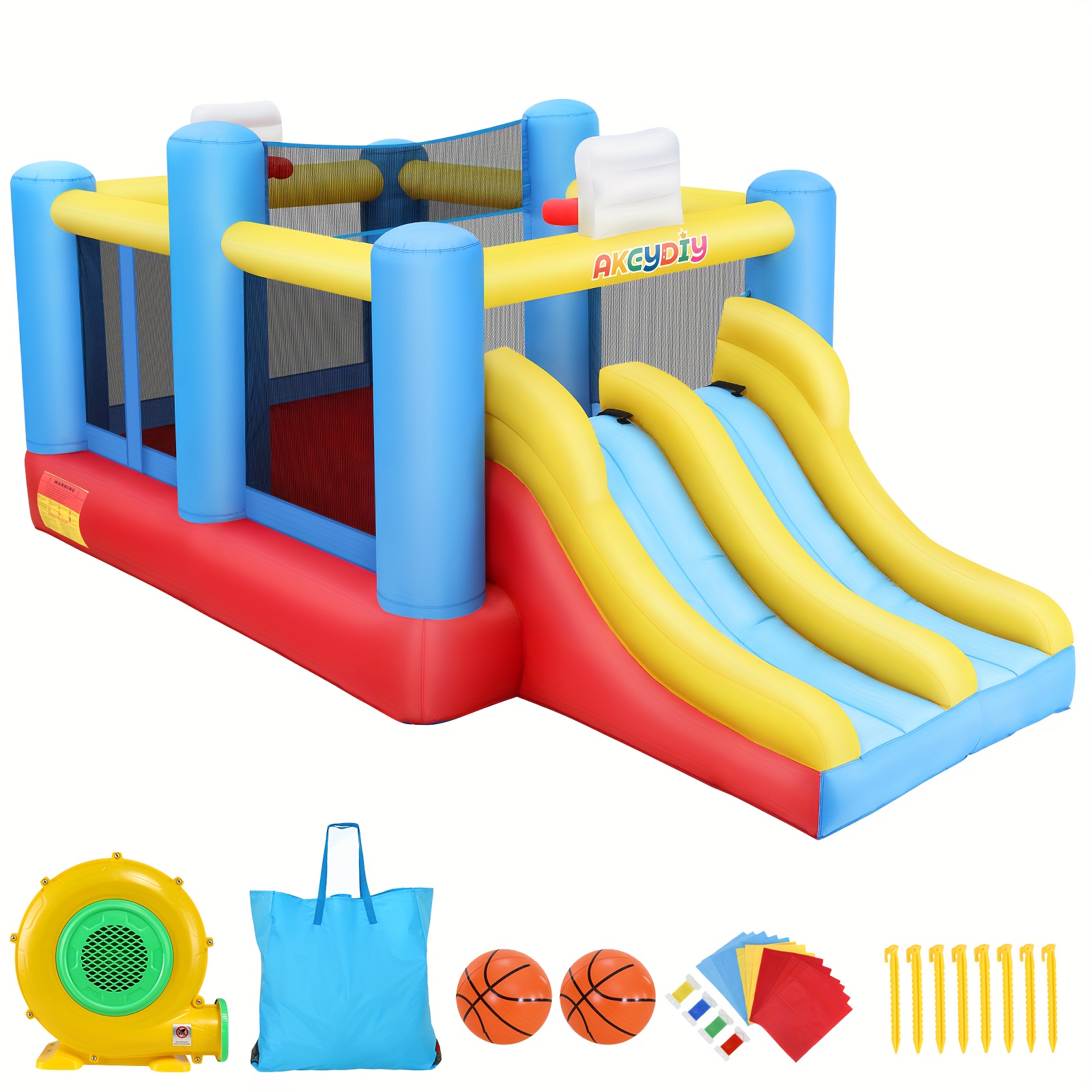 

Inflatable Bouncy Castle With Dual Slide, Climbing Wall, Dual Slides, Basketball Hoop, Volleyball Net, Sports , Easy To Set Up & Inflate With Included Air Blower & Carrying Bag