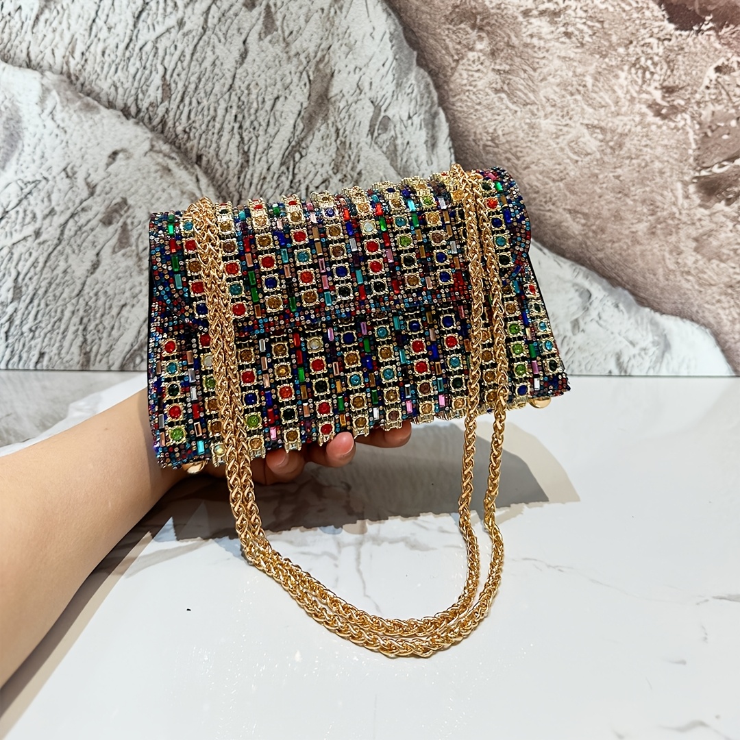TEMU 1pc Women's Vintage Rhinestone Evening Clutch Bag With Adjustable Strap & Closure - Sparkling Multicolor Suitable For Parties, Weddings, Prom,