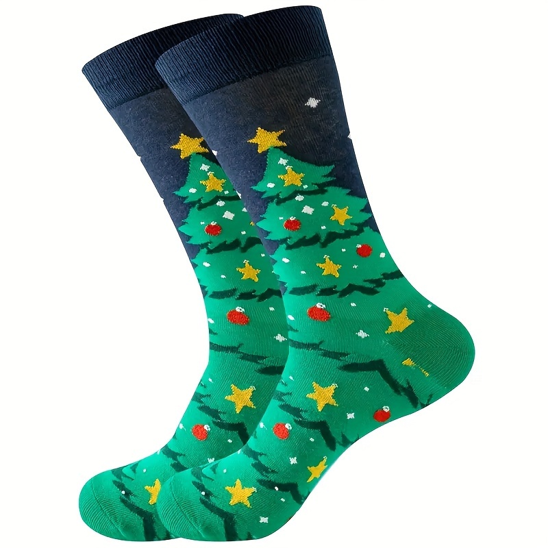 A Pair Of Men's Christmas Tree Pattern Crew Socks, Comfy Breathable Soft & Elastic Socks For Wearing