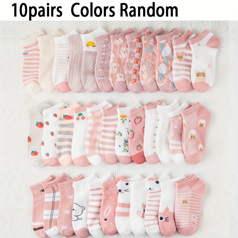 TEMU 10 Pairs Random Ladies' Ankle Socks, Comfortable & Breathable, Cute Pink Socks With Strawberry, Stripe, Line & Flower Patterns, White