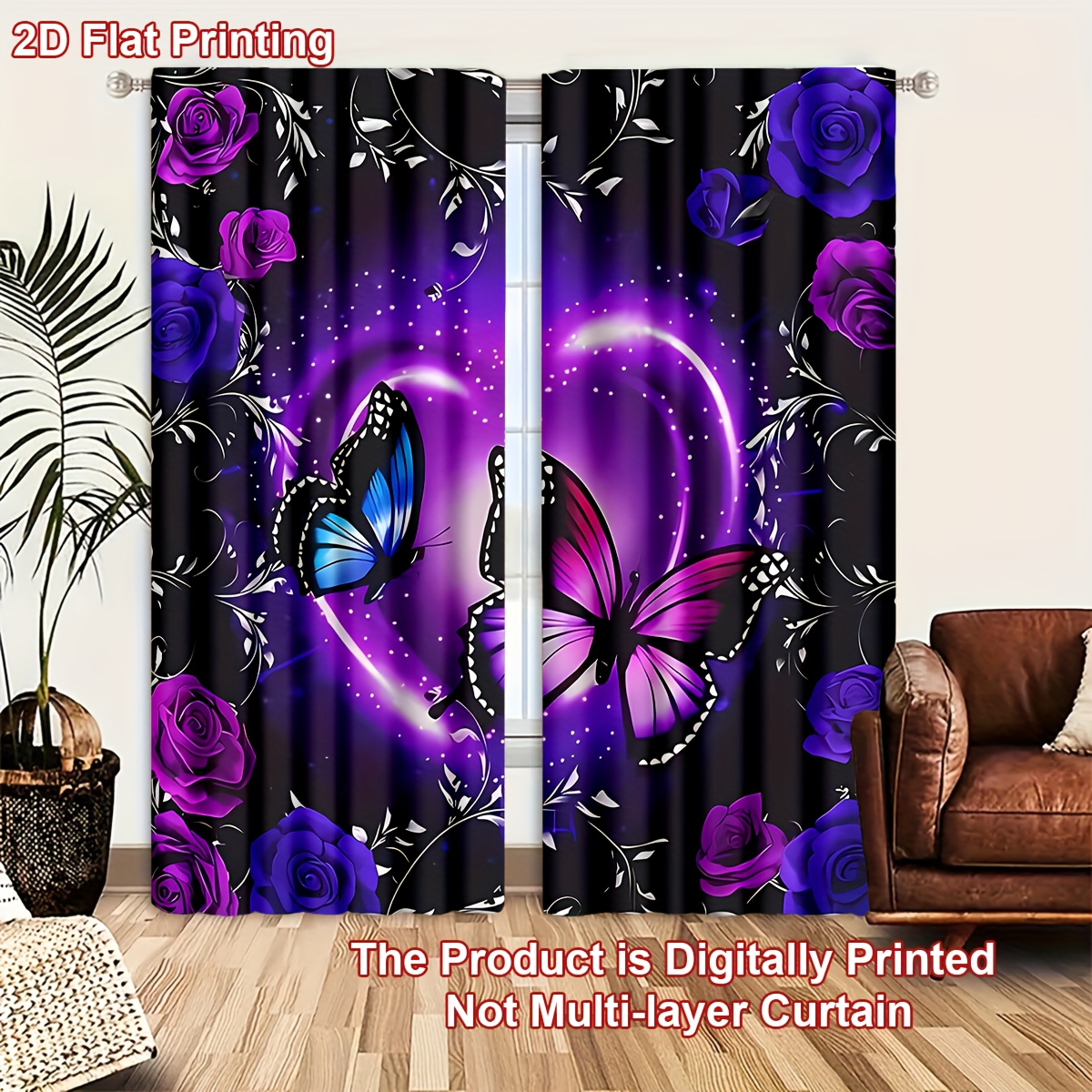 2d Flat - 2d Flat - 2pcs/set 2d Flat Printing Elegant Pattern Door Curtains, Light And Feel, For Cozy Bedroom, Chic Office, Stylish Kitchen, Living Room, And Study
