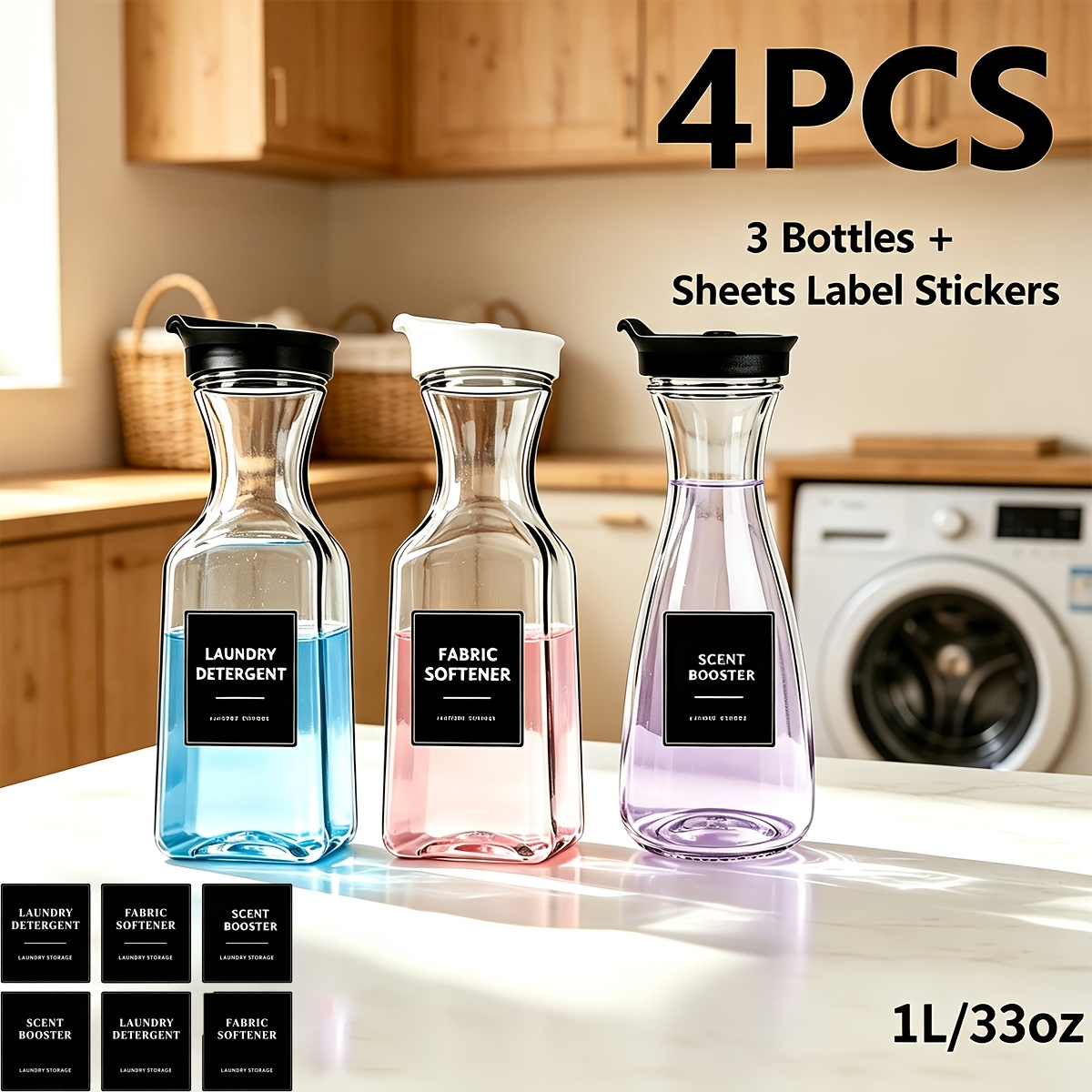 TEMU Laundry Detergent Dispenser Bottles, 33oz/1l Clear Plastic Laundry Soap Containers With Lid, Reusable Liquid Storage Jars Stickers For Laundry