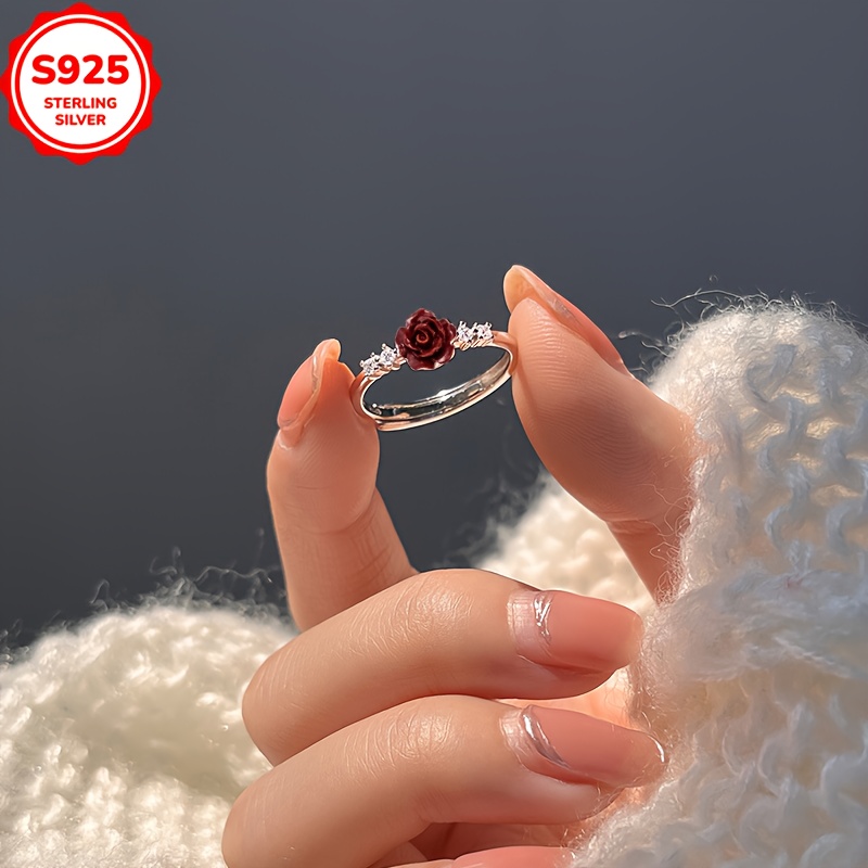Women's Adjustable Vintage Rose Flower Ring in 925 Sterling Silver