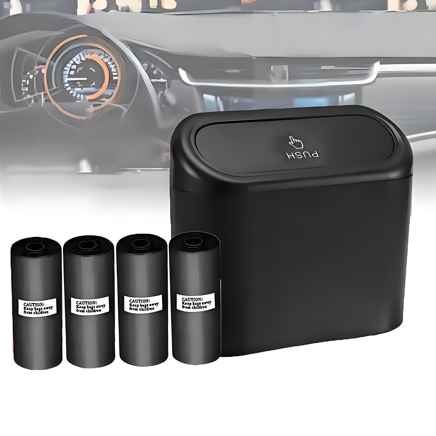 Image of Car Trash Can With Lid + 4 Rolls Of Garbage Bag, Leak-proof, Portable Hanging Trash Can For Vehicle Organization