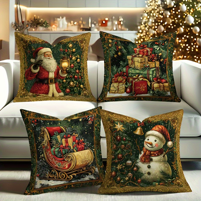 

4- Christmas , 18x18 , Santa & Snowman , , , , Washable, For Sofa Bed Decor - For Christmas, Halloween, Thanksgiving Decor