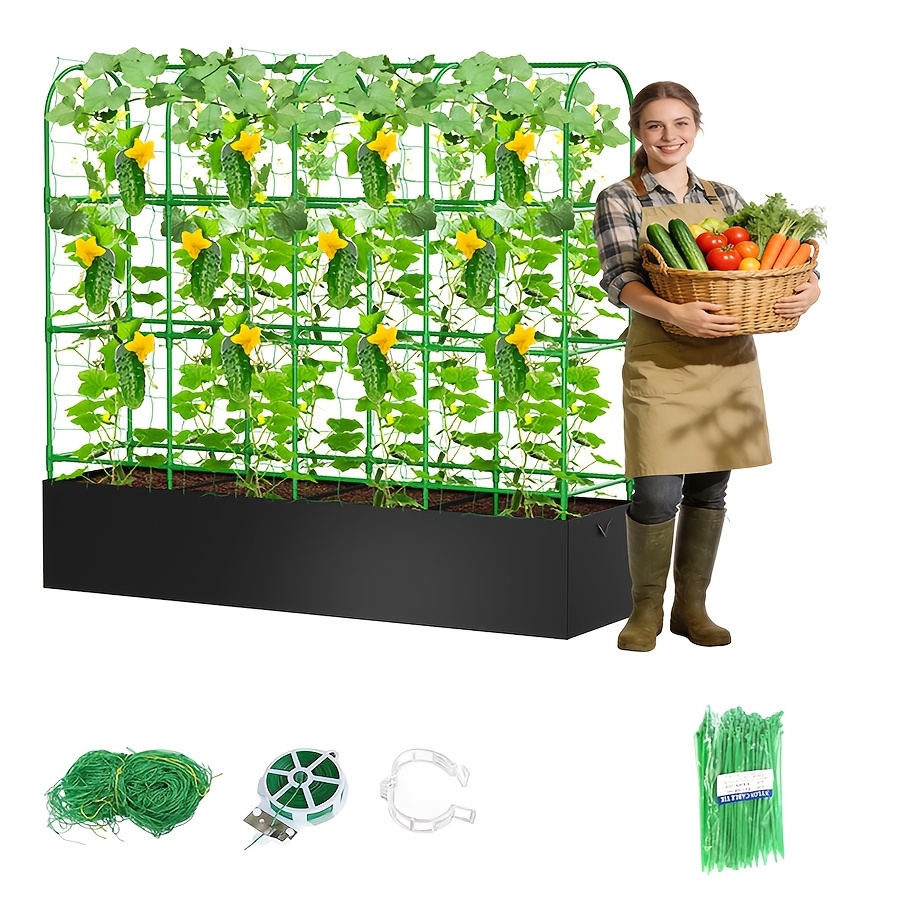 Image of Cucumber Trellis With Grow Bags For Garden, U Frame Garden Trellis For Climbing Plants, Metal Plant Trellis With Garden Netting For Vegetables Flowers Fruits