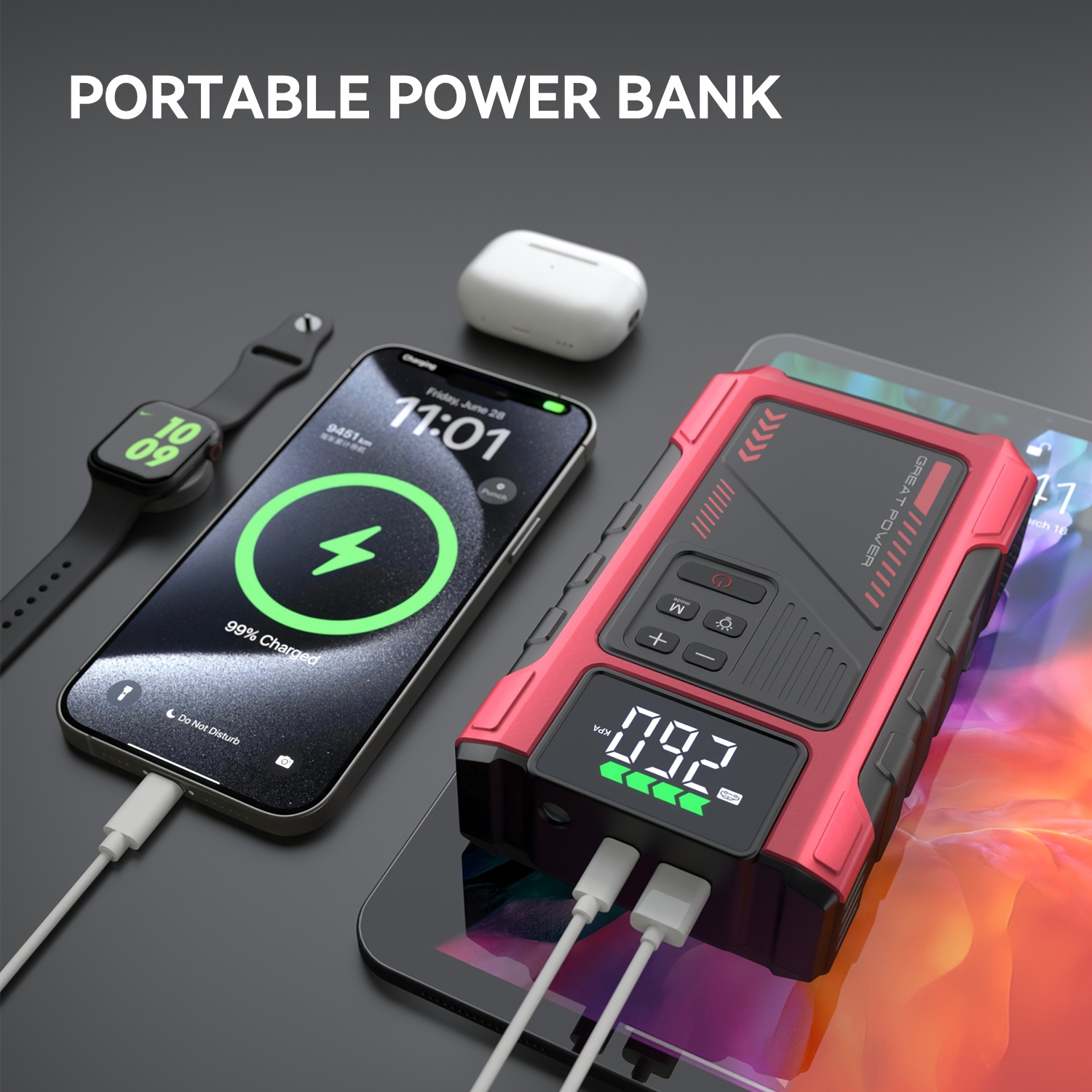 Portable Car Jump Starter 4000A Portable Car Jump Starter With Air Compressor, Suitable For 12V(8.0L Gas, 6.5L Diesel) Jump Starter Battery PackWith150 PSl Tire Inflator, 12V Car Battery Jump Power With LED Light, Car Accessories Tools, Car Emergency Kits, Jump Starters 9 Portable Car Jump Starter 4000A Portable Car Jump Starter With Air Compressor, Suitable For 12V(8.0L Gas, 6.5L Diesel) Jump Starter Battery PackWith150 PSl Tire Inflator, 12V Car Battery Jump Power With LED Light, Car Accessories Tools, Car Emergency Kits, Jump Starters - Image 9