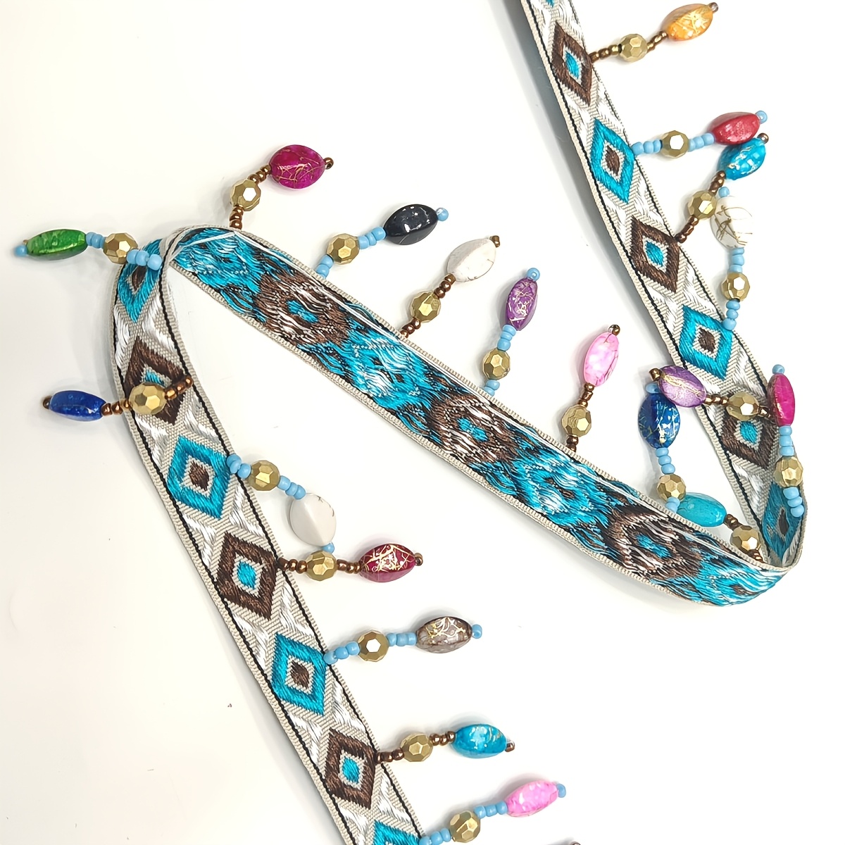 TEMU 1 Yard Bohemien Blu Marrone Stile Diamante Jacquard Cinghie Multicolore Perline Nappa Cintura a Cerchietto Borsa Abbigliamento