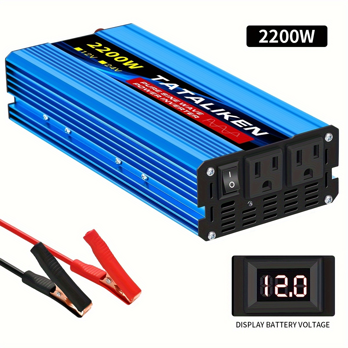 

2200w 12v To Ac 110v Pure Sine Inverter With Digital Display, Alligator Clips, And Mounting Bracket - Ideal For Mobile Phones, Laptops, And Devices