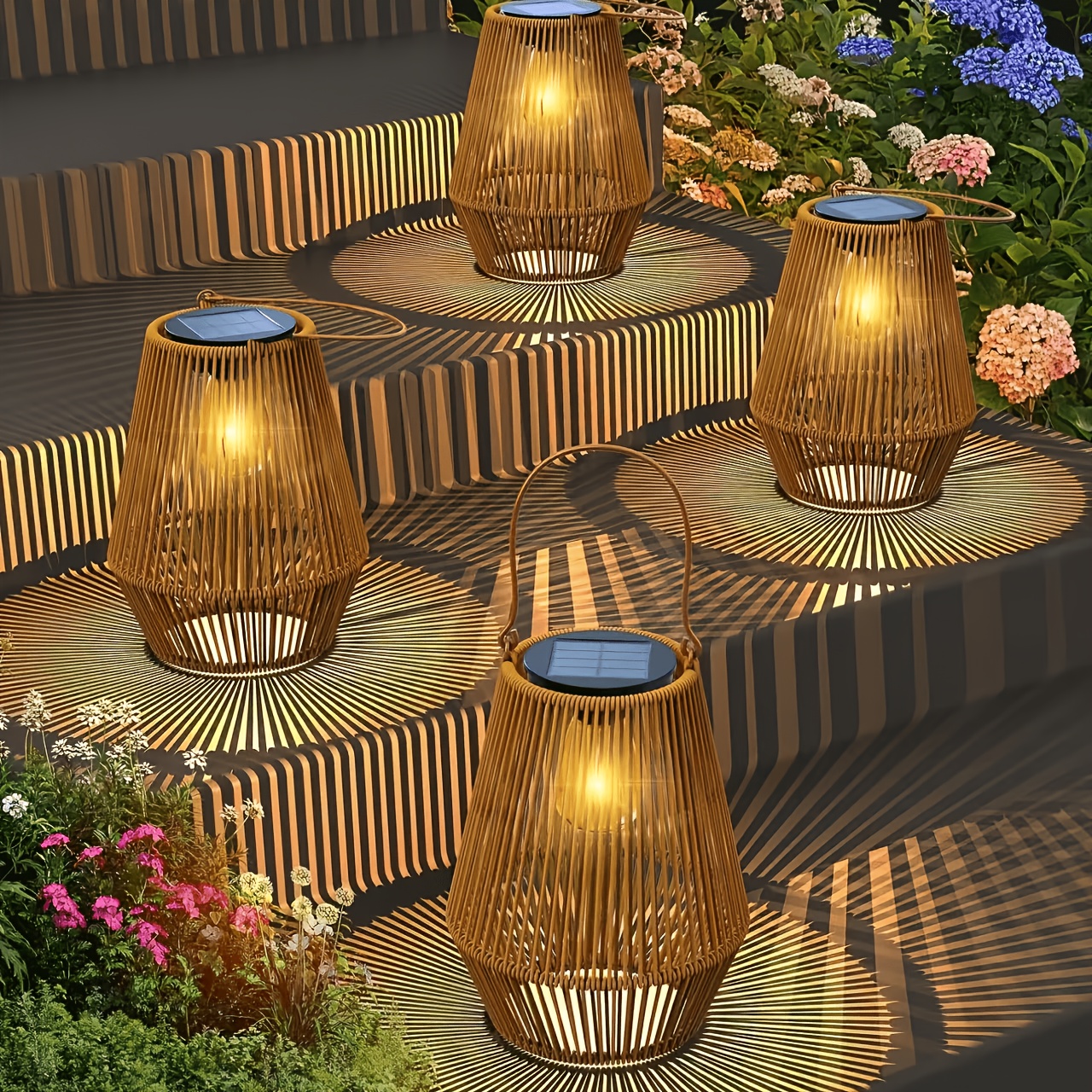 TEMU Luces solares de bambú, estilo bohemio, luces solares de exterior para jardín, patio, , porche, árbol, césped, decoración colgante con luces