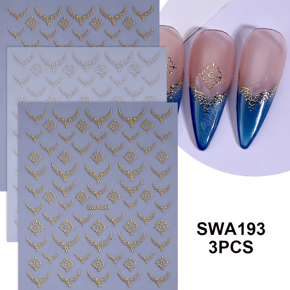 3pcs Nail Stickers, Golden And Silvery Wedding Decals, Self-adhesive Nail Stickers For Diy Manicure Decoration Accessories