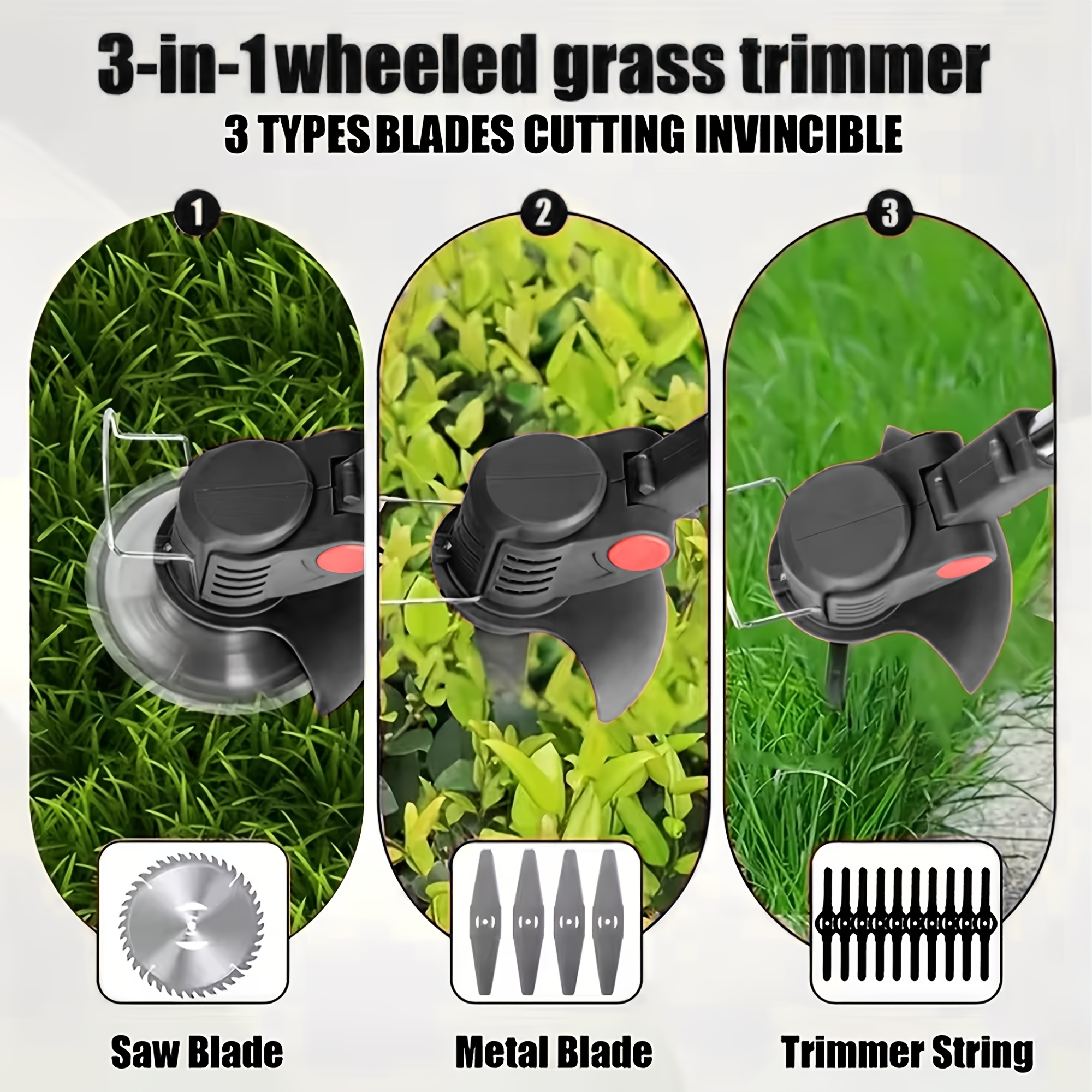 portable cordless electric lawnmower for home use garden weeder cordless trimmer   with 3 blade types and 1 2 high capacity lithium batteries providing powerful performance for lawns gardens and patios tool discount Product details 8