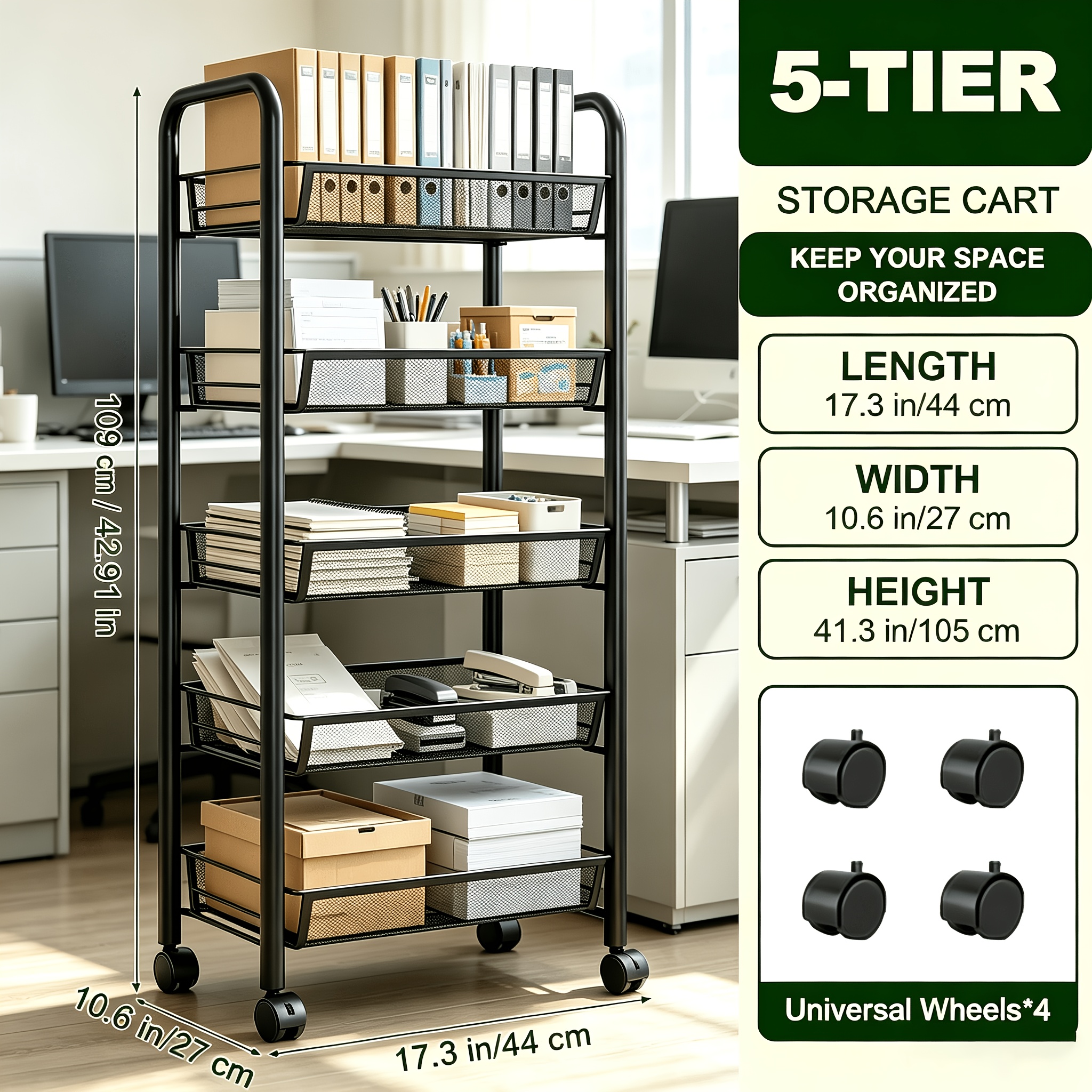 TEMU 3/4/5 Tier Black Office Trolley Cart With 360°swivel Wheels, Heavy Duty Rolling File Organizer, Multi Tier Desk Side Storage Shelf Rack For
