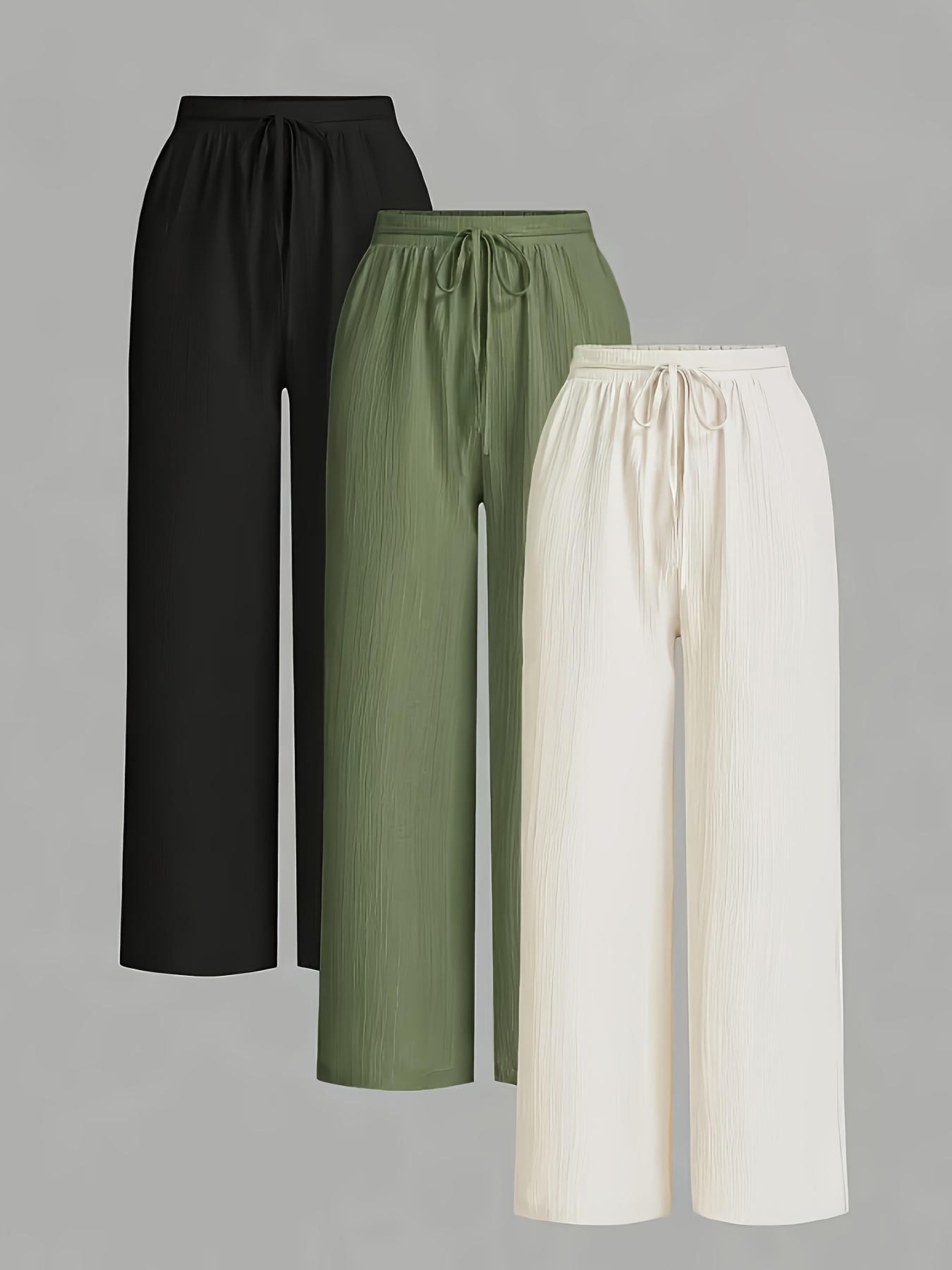 bk031808 3pcs solid color wide leg pants set   with drawstring waist lightweight summer trousers for women casual attire relaxed fit comfortable fabric