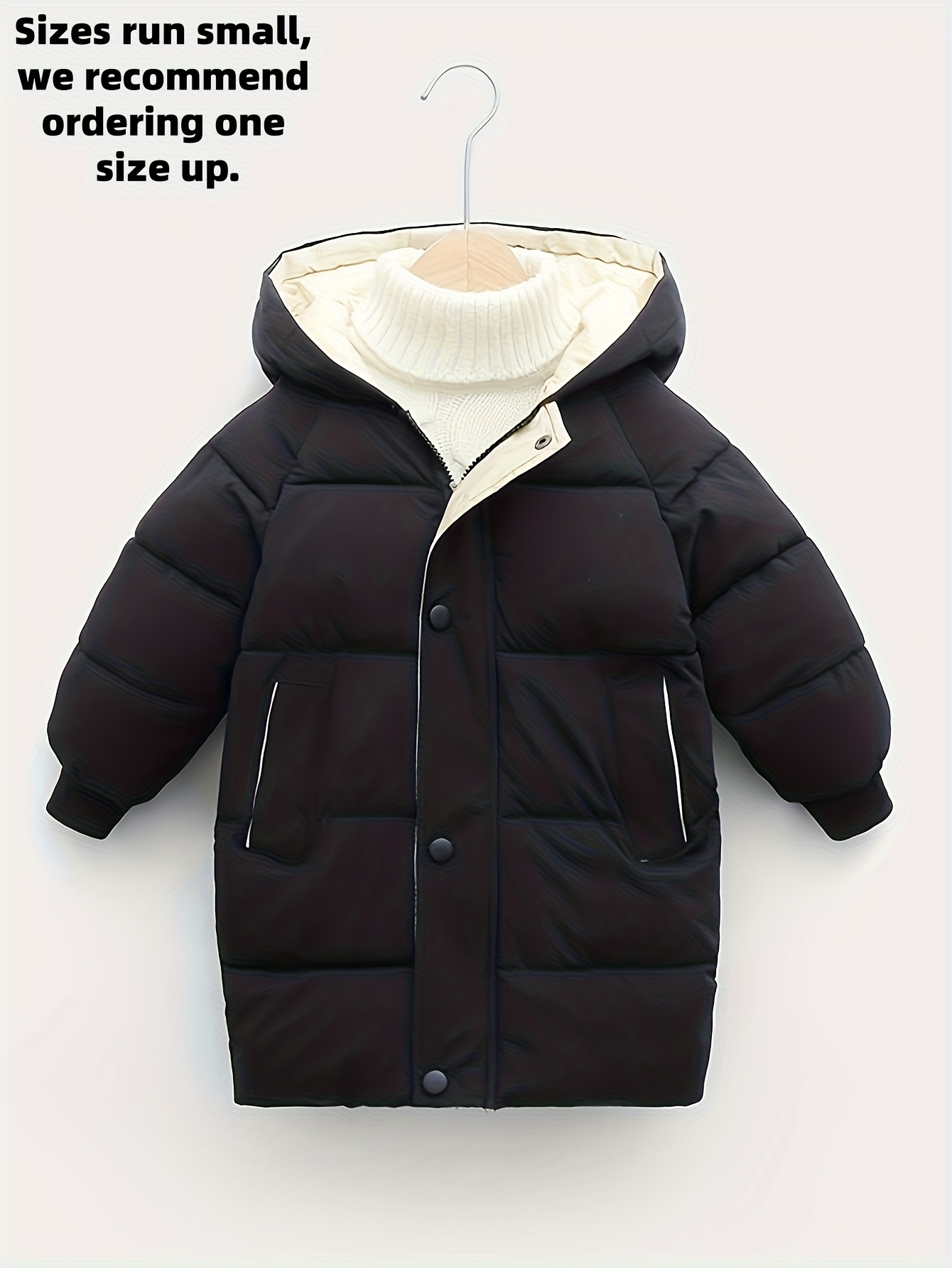 Boys And Girls Elegant Style Autumn And Winter Mid-Length Jacket Round Neck Hooded 100% Padded Jacket with Pockets Black Coat for Ages 3 And Up