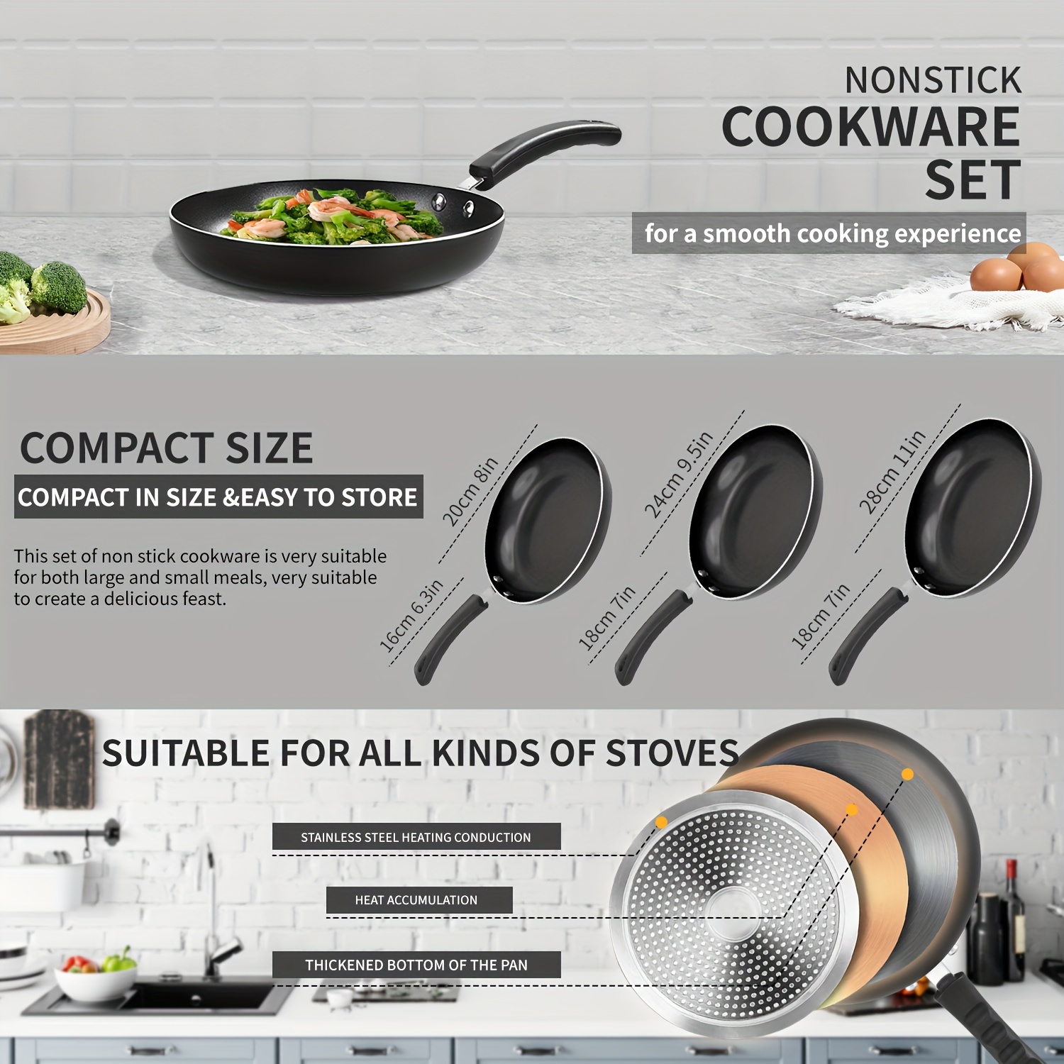 nonstick frying pan set set of 3 non stick frying pans black ceramic induction cookware 8inch 9 5inch 11inch   omelette egg frying pan set kitchen cooking pan set     details 0