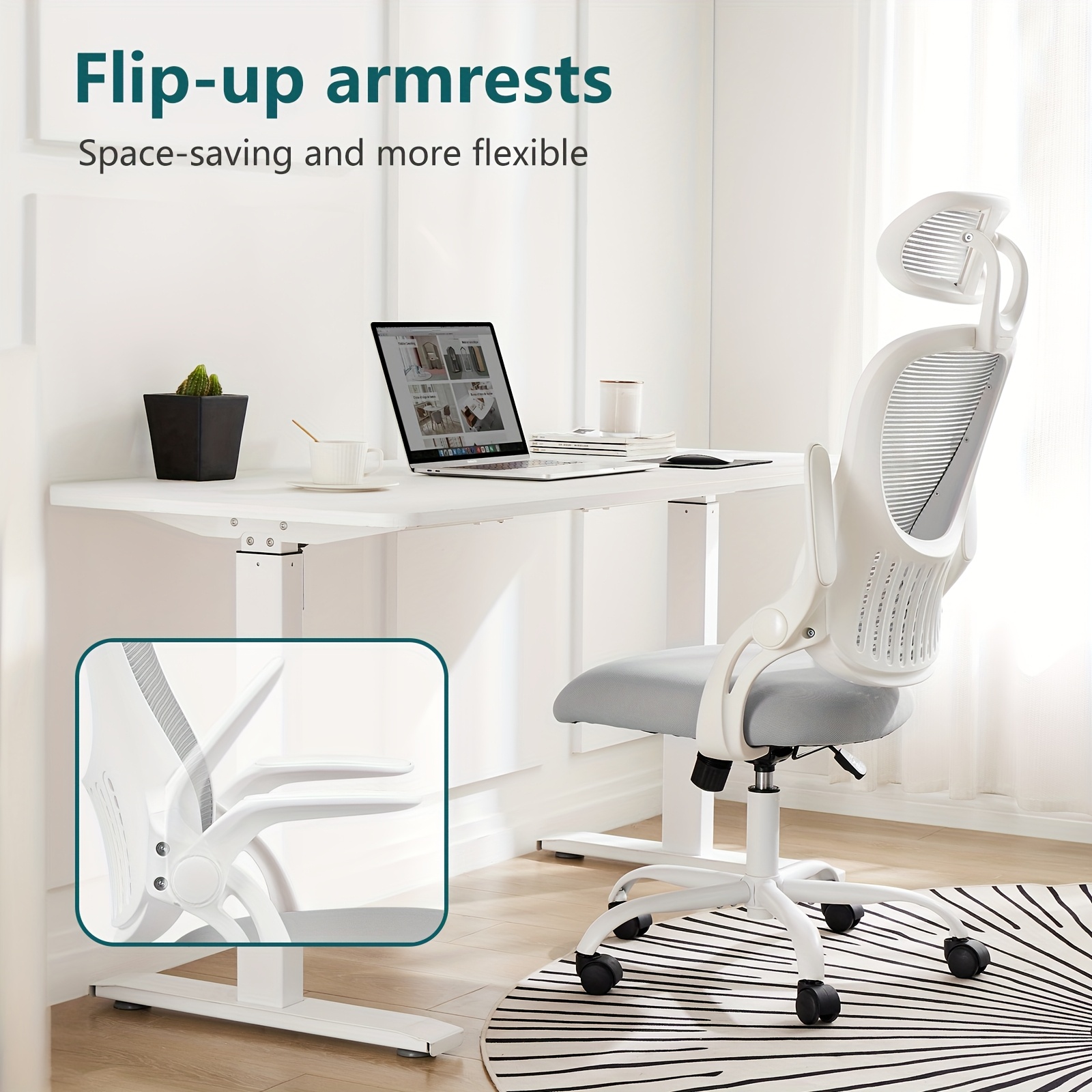 Ergonomic Office Computer Mesh Chair - Adjustable Height Rolling Desk Chair With Flip-Up Armrests & High Back Support - Comfortable Swivel Task Chair