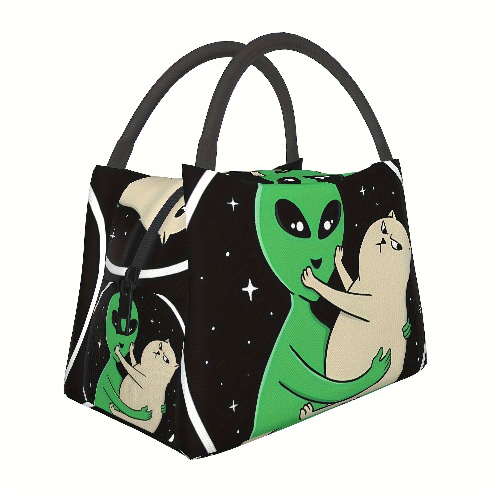 

Reusable Insulated Lunch Bag With Alien And Cat Design, Hand Washable, Leakproof, Square Polyester Thermal Cooler Tote For Work, Picnic, Beach, Camping - 11x6.3x6.7 Inches