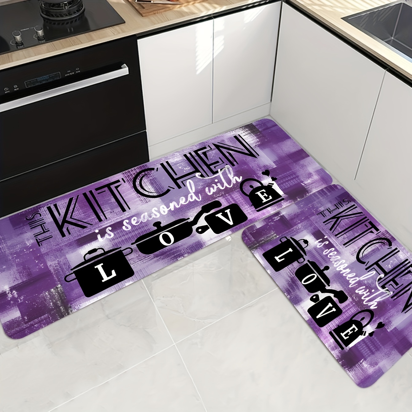 

Kitchen Rugs Set Of 3, Non-slip Washable Polyester Mats For Bedroom, Living Room, Laundry And Bathroom Entry - Machine Washable, Rectangular, "the Kitchen Is Seasoned With Love" Design