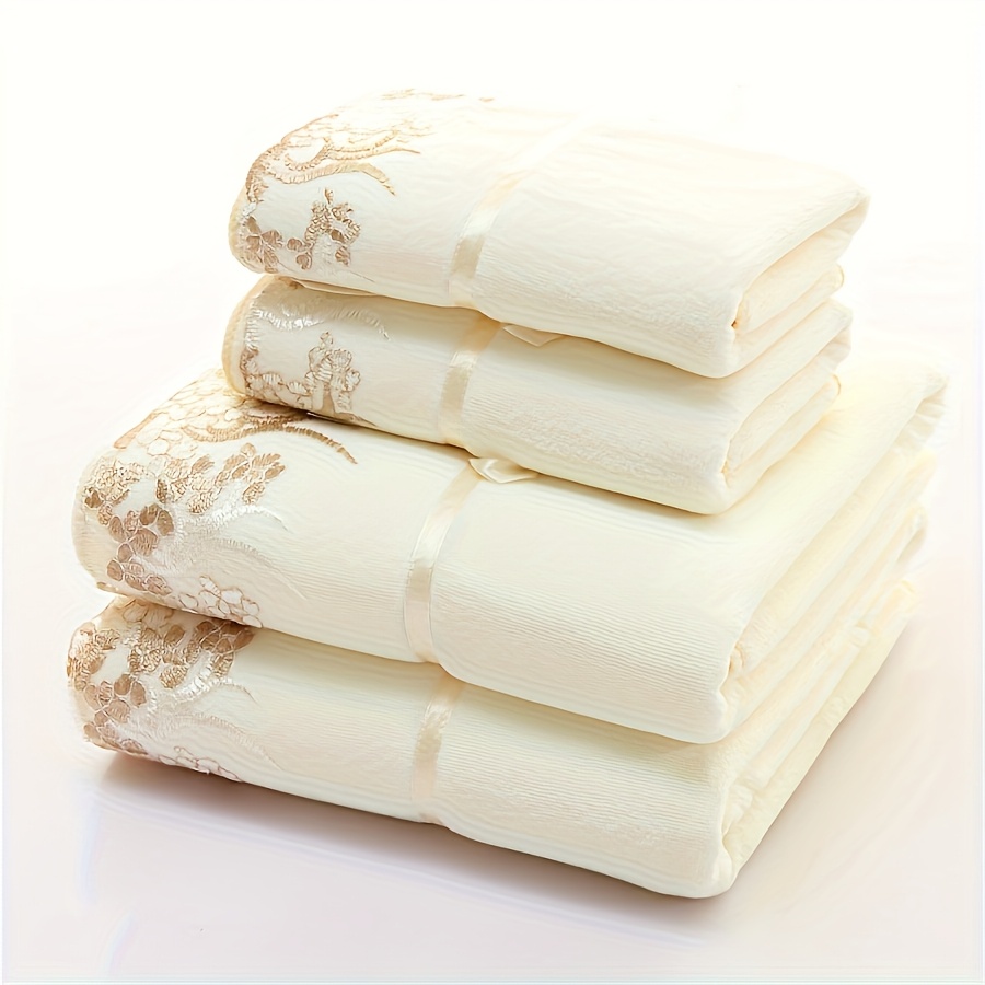TEMU 4 Lace Embroidered Towel Set, Household Microfiber Towel, Towel Bath Towel, Bath Towel Set, Bathroom Absorbent Towel, 2 Bath Towels And 2 Hand