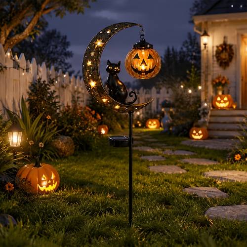 3 halloween black cat and post crescent shaped black cat and hanging pumpkin outdoor halloween garden decoration for garden courtyard lawn and
