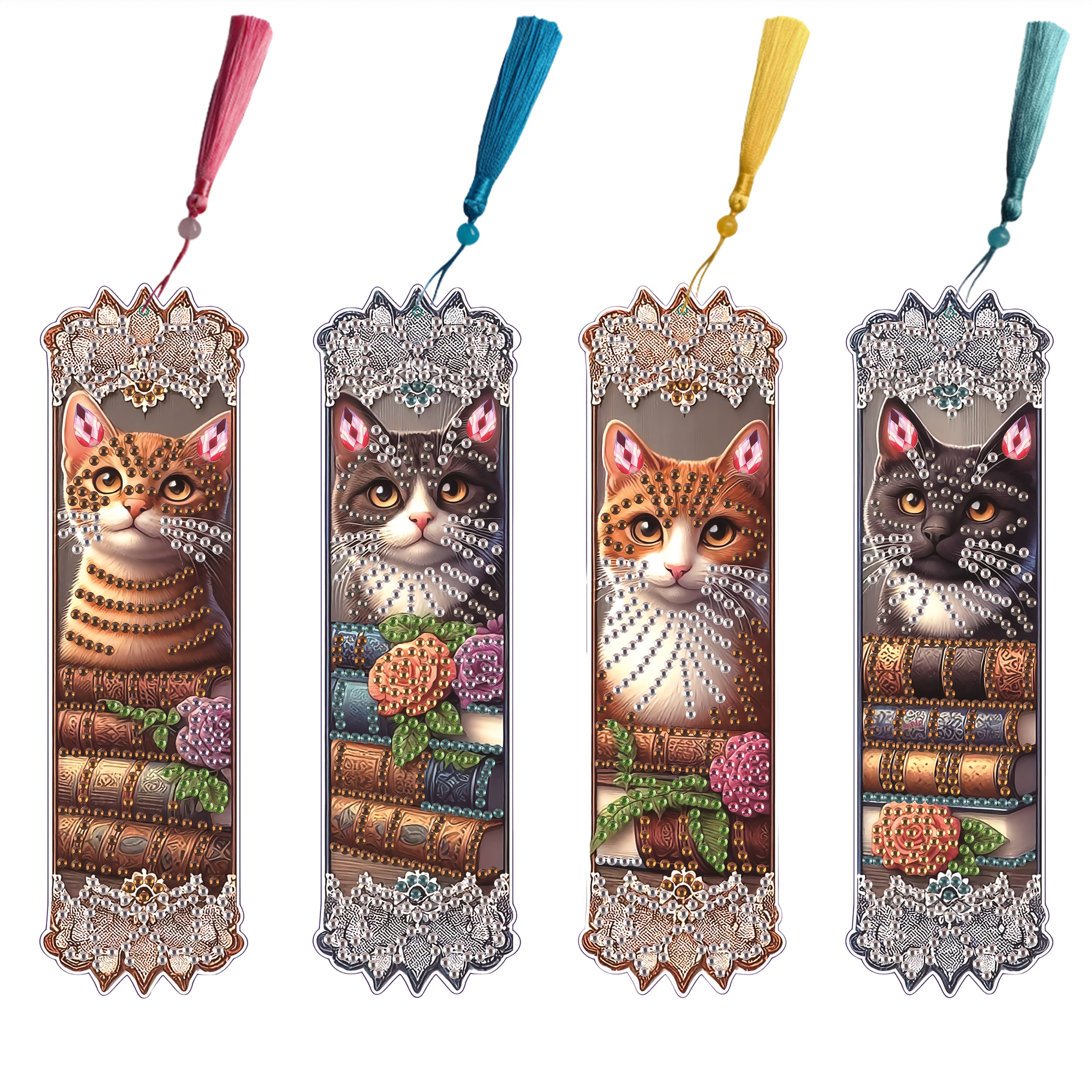 

4pcs Diy Diamond Painting Bookmark Kit, Cute With Round Acrylic Gems, Animal Themed Craft Set For , Painting Supplies