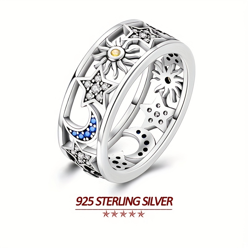 

925sterling Silver Hypoallergenic Wide Band Ring, Elegant & Luxurious Hollow Crescent Moon Design With Colorful Zircon Stones Design Finger Jewelry Gifts For Women