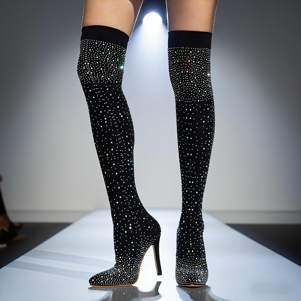 women's elegant sparkly knee stretch mesh boots Temu New Zealand