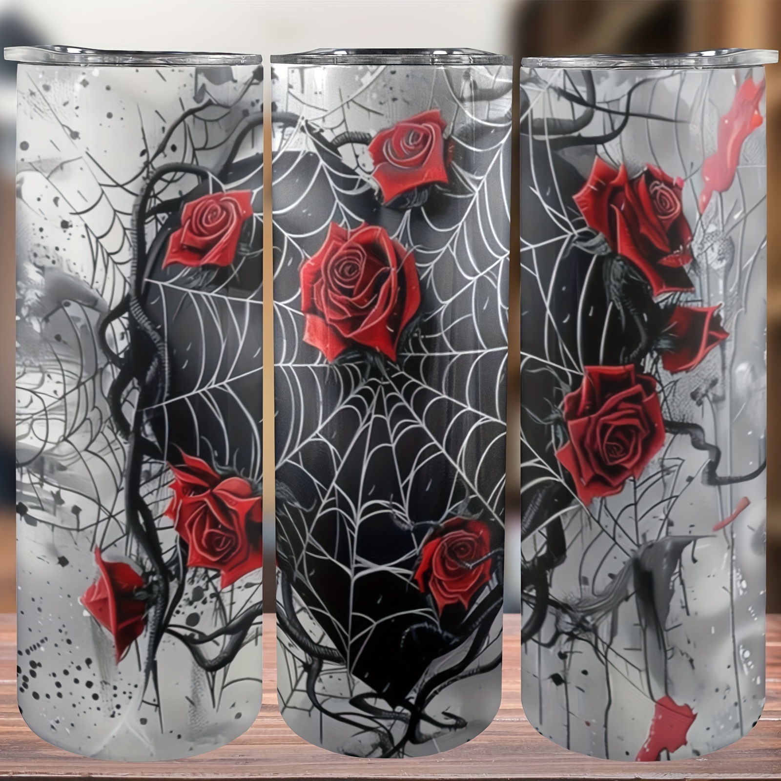 

20oz Stainless Steel Tumbler With Straw - Red Roses & Spider Web Design Travel Mug - Double-walled Insulated Cup With Lid For Hot And Cold Drinks - Ideal For Valentine's, Women's Day, Christmas, Gifts