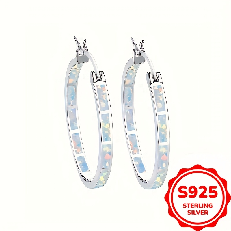 Boho Style 925 Silver Plated Hoop Earrings with Opal Inlay Half Hoop