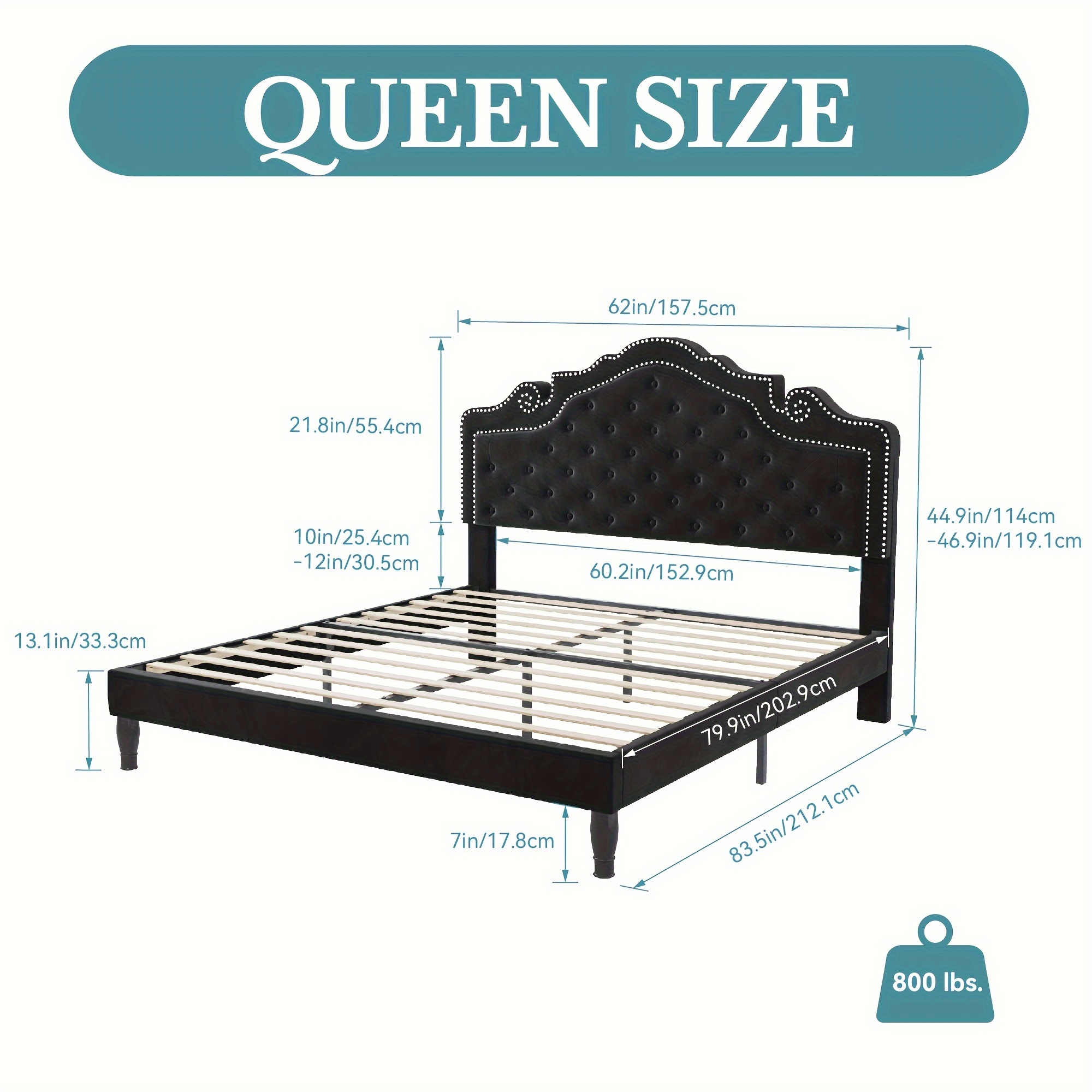 HOOMIC Full/Queen/King Size Bed Frame with Adjustable Velvet Tiara Headboard, Upholstered Diamond Button Tufted Platform Bed, Wooden Slats Support, No Box Spring Needed, Easy Assembly, Black