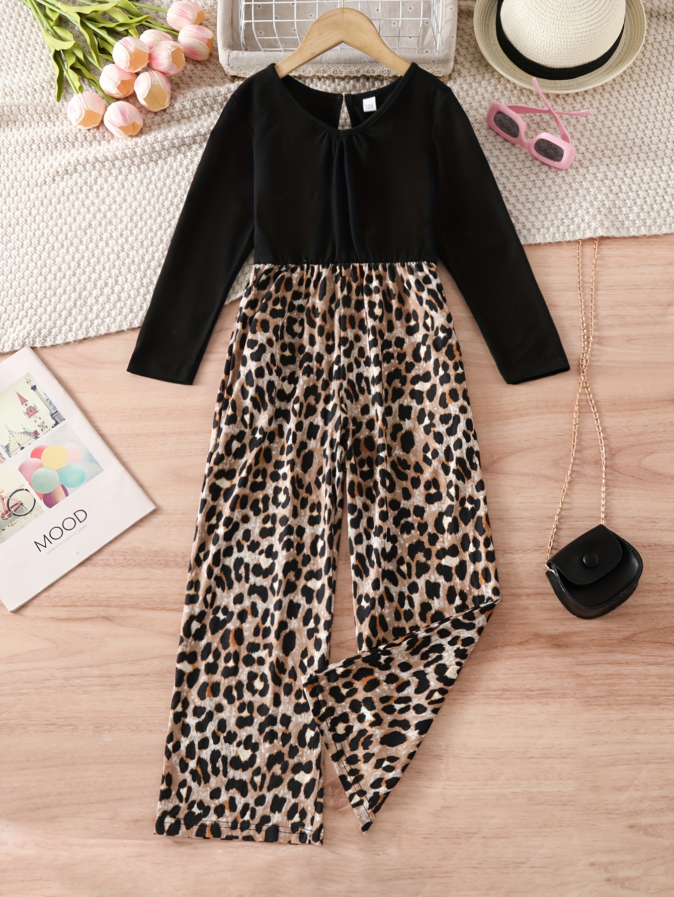 girls leopard print jumpsuit long sleeve wide leg romper Temu Kuwait