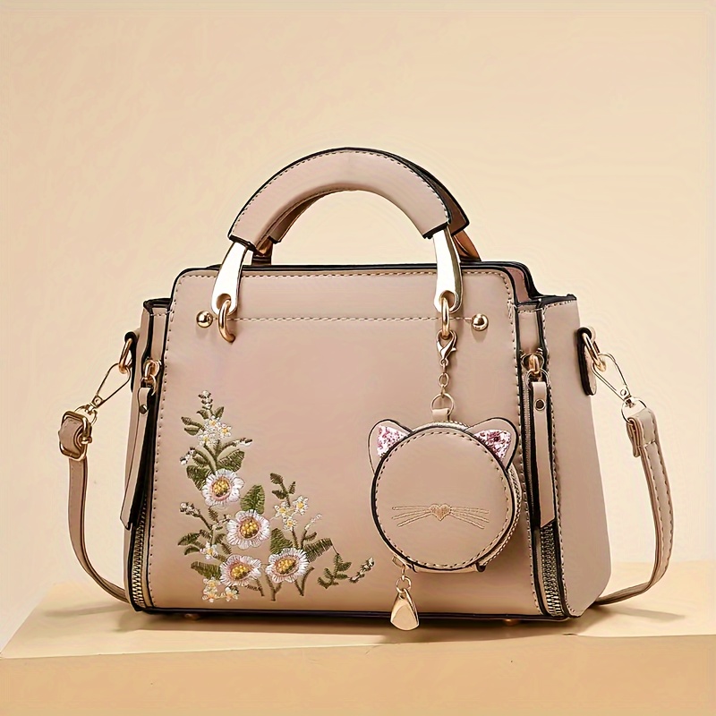 womens glam embroidered handbag floral pattern zipper closure polyester lined wristlet edge paint versatile occasion tote assorted colors details 2