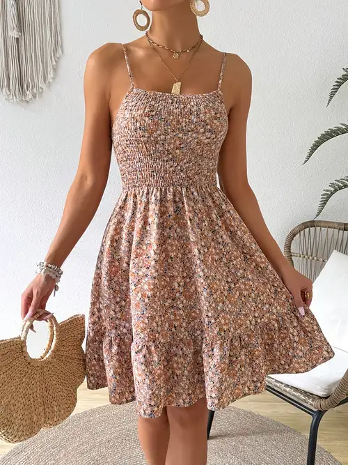 Women's Elegant Smocked Waist Floral Print Spaghetti Suspender Dress - Lightweight Breathable Summer Dress with Ruching Detail, Hand Wash Only, Spring/Summer Casual to Semi-Formal Wear, Spaghetti ... Women's Elegant Smocked Waist Floral Print Spaghetti Suspender Dress - Lightweight Breathable Summer Dress with Ruching Detail, Hand Wash Only, Spring/Summer Casual to Semi-Formal Wear, Spaghetti ...