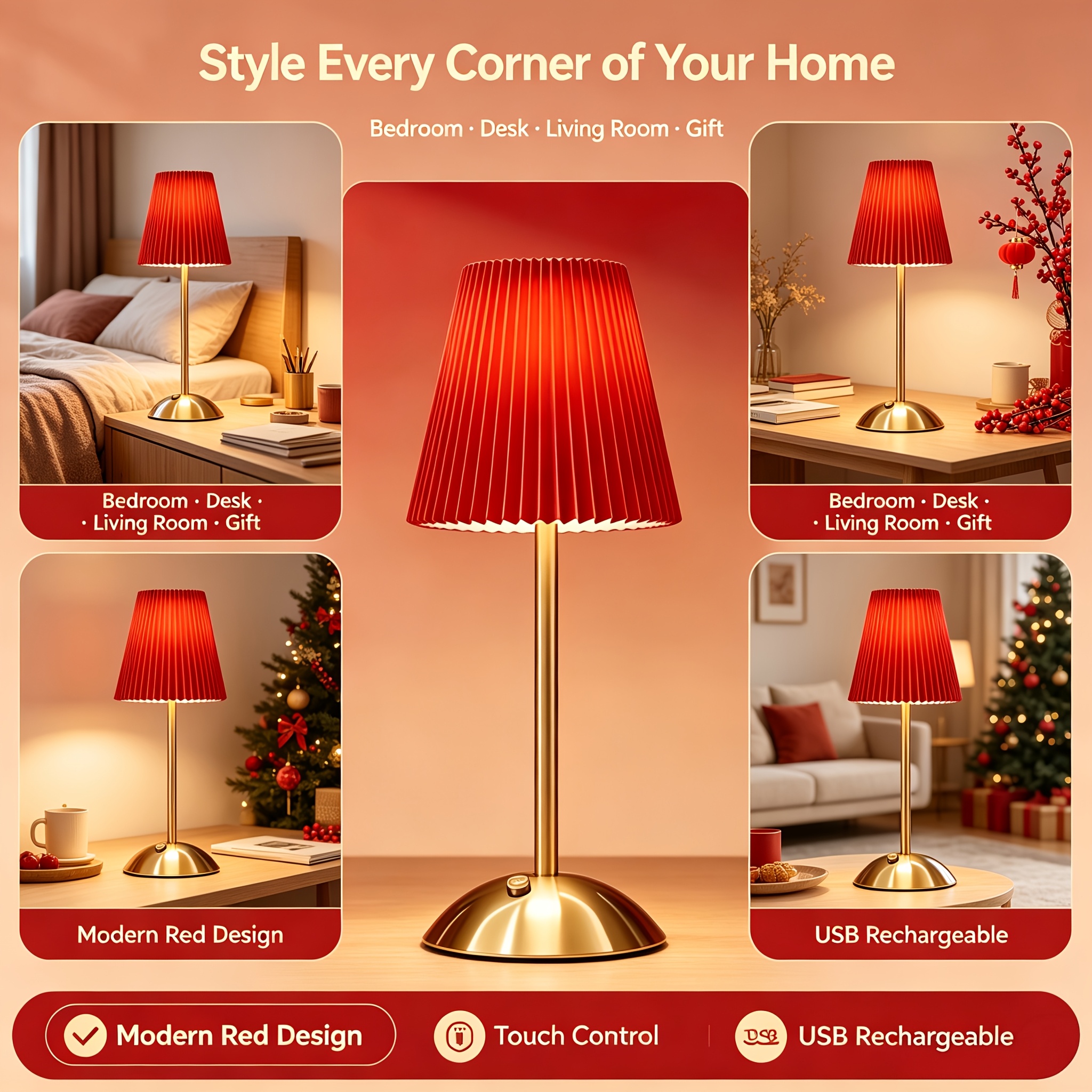 Modern Fashion Red Table Lamp with High Base, Touch Control
