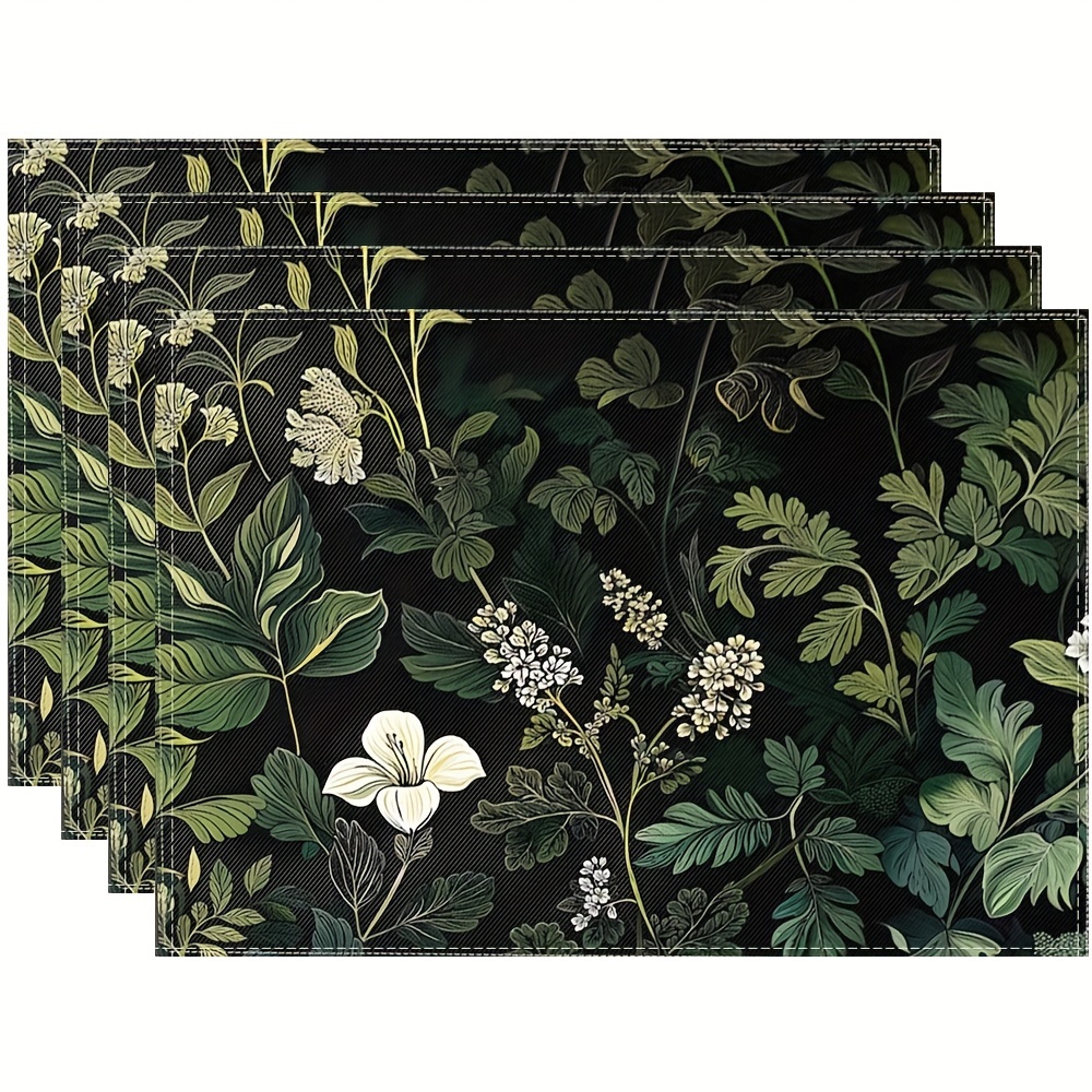 

1/4/6pcs Botanical Placemat, Elegant Leaf Print With Black Background, Perfect For Dinner Parties And Home Decor, Table Supplies, Dining Table Decor