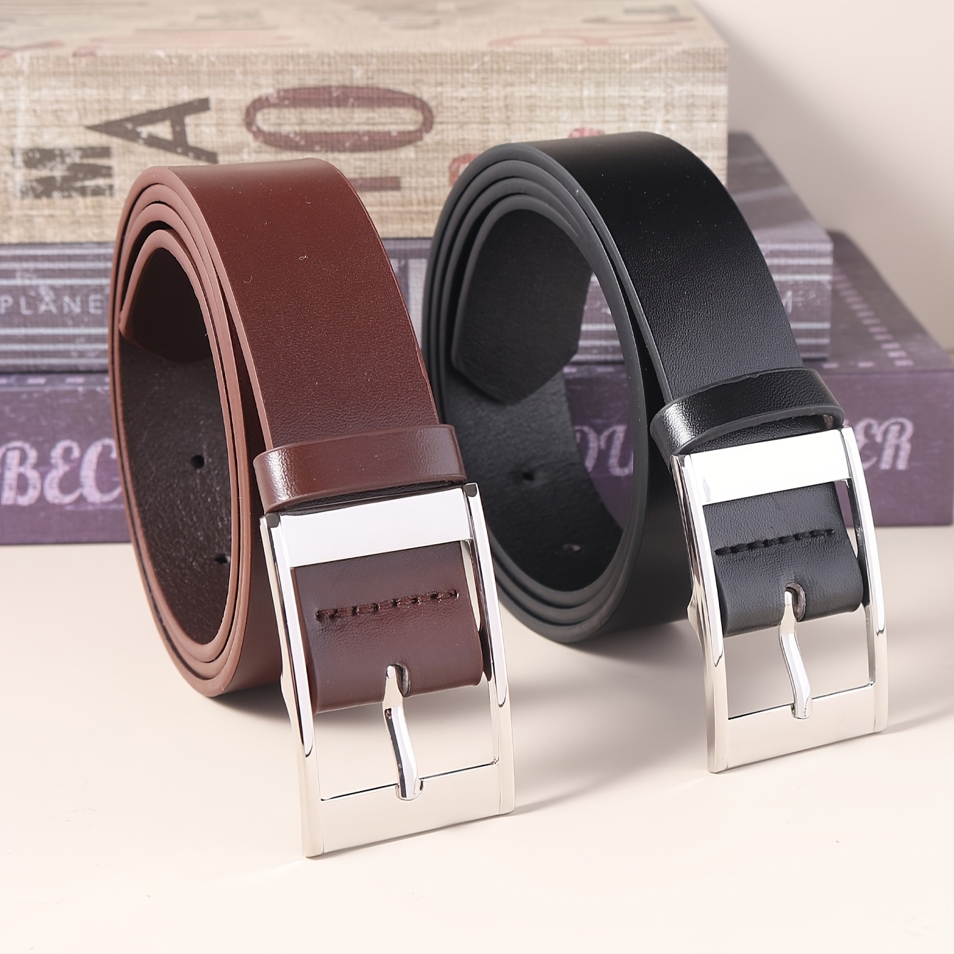 Men's Casual Rectangular Buckle PU Belt Solid Button Belt