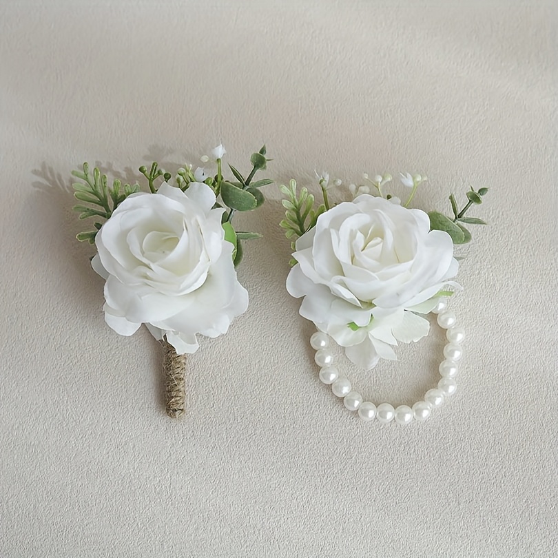 E-shop 2er-Set Künstliche Weiße Rosen Braut- Brautjungfern-Armbinder, Bräutigam- Trauzeugen-Boutonnieres, geeignet für Hochzeiten, Partys, Bälle die