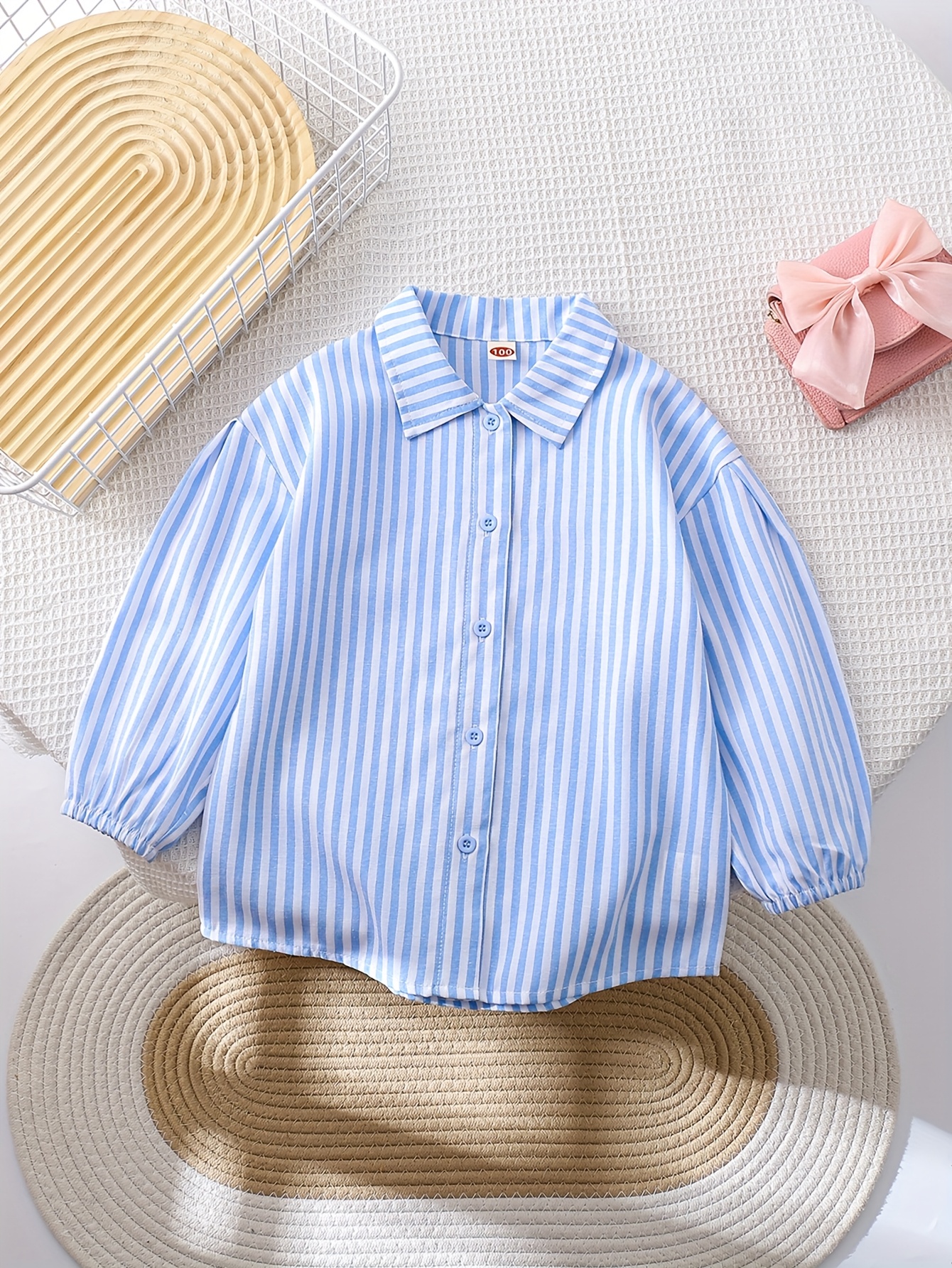 Girls' Cute Striped Button-Fall Shoulder Long Sleeve Versatile Collar Shirt  Loose Fit Suitable for Spring, Summer, and Autumn Occasions