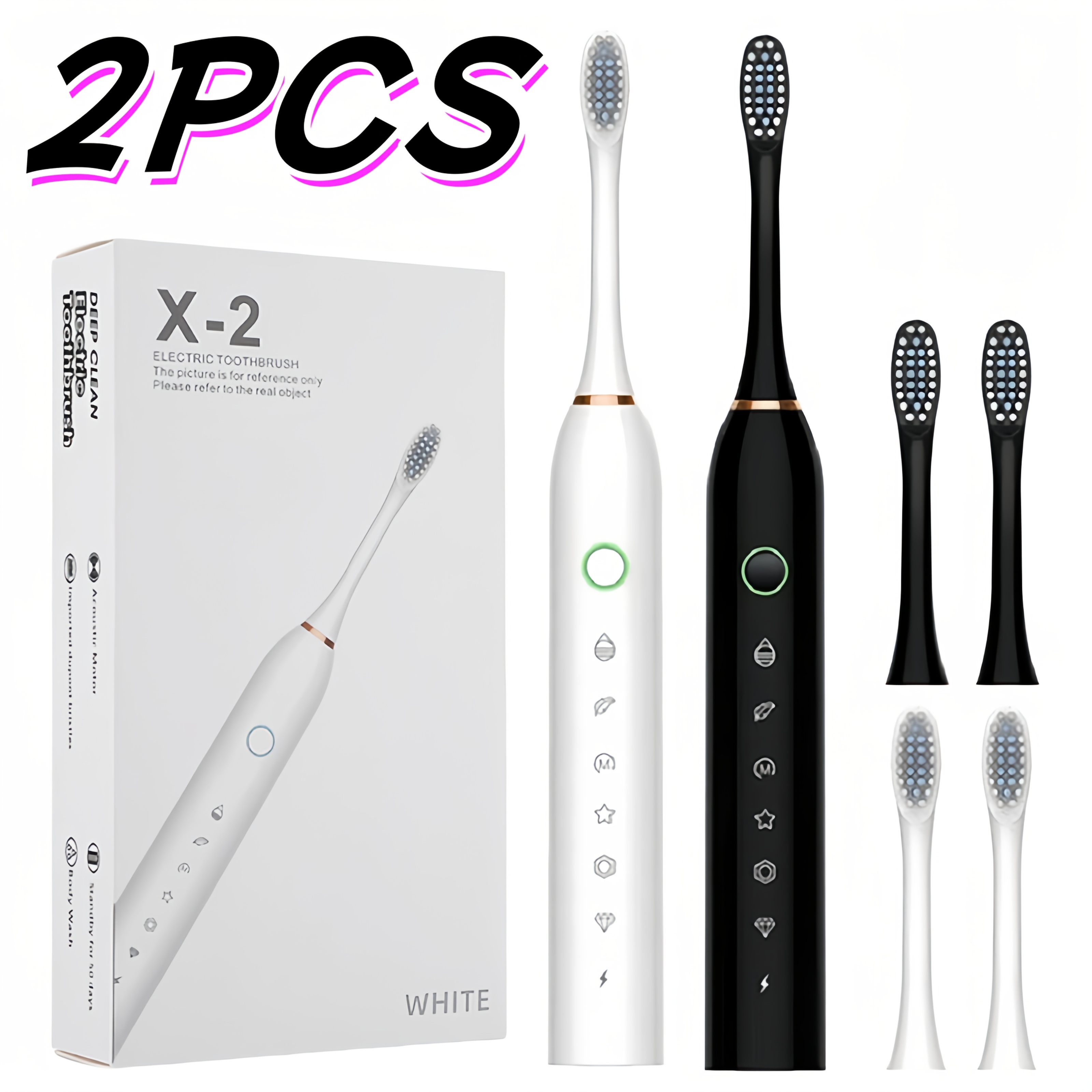 2pcs Advanced Smart Electric Toothbrush, 6 Cleaning Modes, 2/4 Replacement Brush Heads, Ultra-soft Bristles to Care for Sensitive Teeth, IP67 Rating, Suitable for Couples and Family Gifts