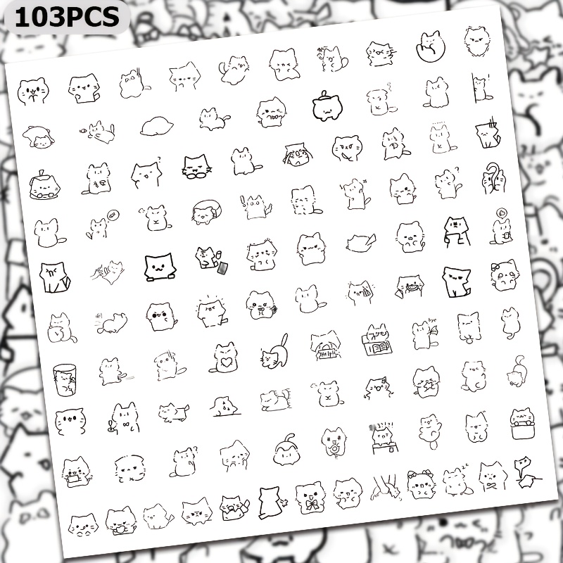TEMU 103pcs Black And Figure Kitten Stickers, Transparent Pet Material, Minimalist Line Art Cat Meme Decals, Suitable For Laptops, Phone Cases,
