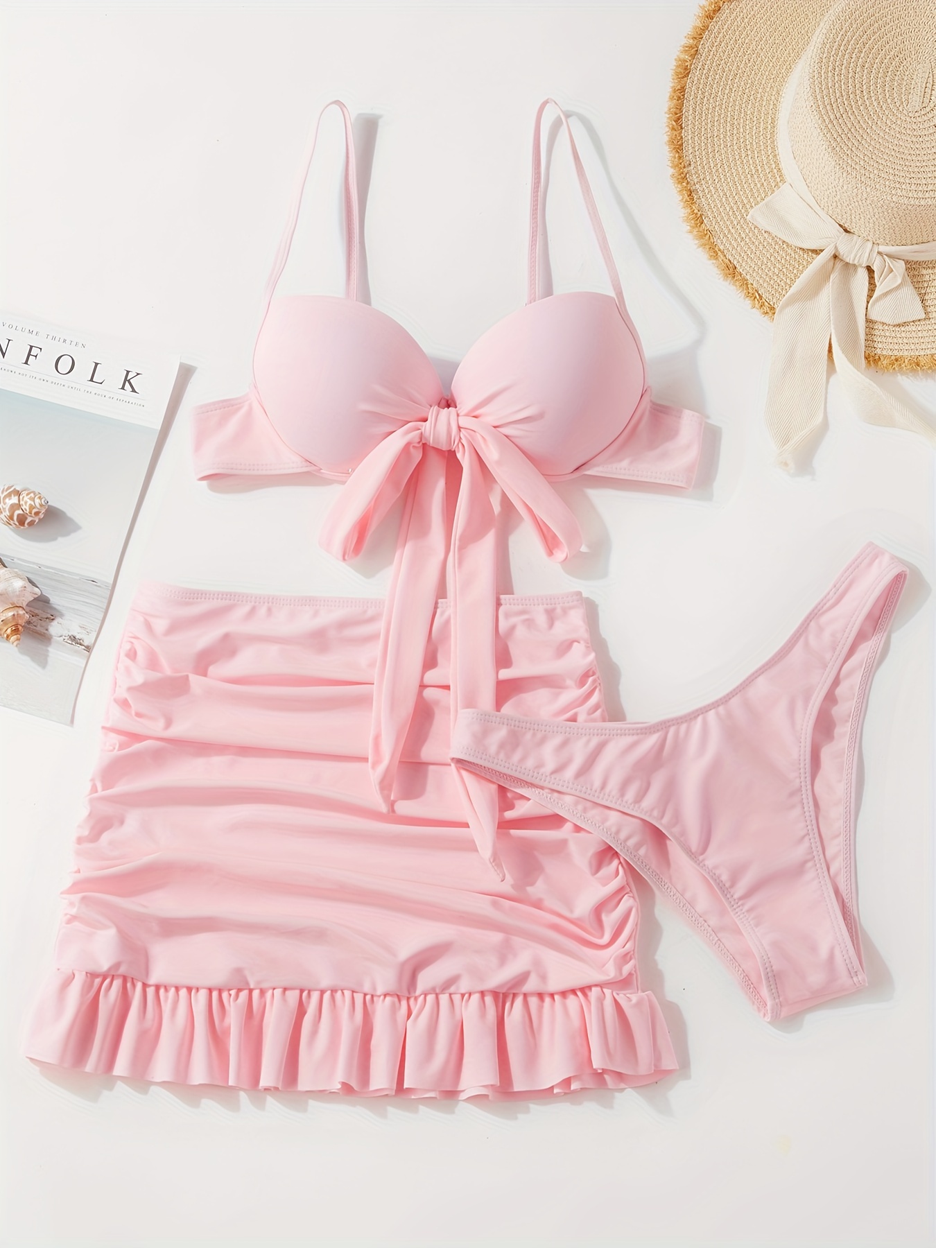 plain bikini set bow tie top panty skirt Temu United Kingdom