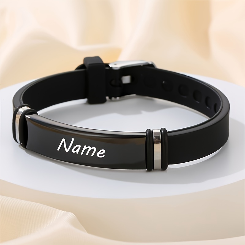 

Bracelet Homme Gravé sur Mesure - Bracelet en Silicone Noir Ajustable avec Fermoir en Acier Inoxydable, Caractéristique de Nom Personnalisé, Cadeau Idéal pour des Pères