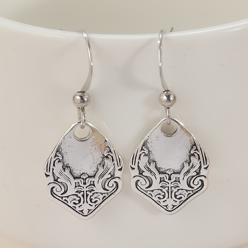 TEMU Boho Chic Silvery Spoon Earrings - Antique Copper Jewelry With Intricate , Parties & Festive Occasions, Festive Earrings | Floral Pattern