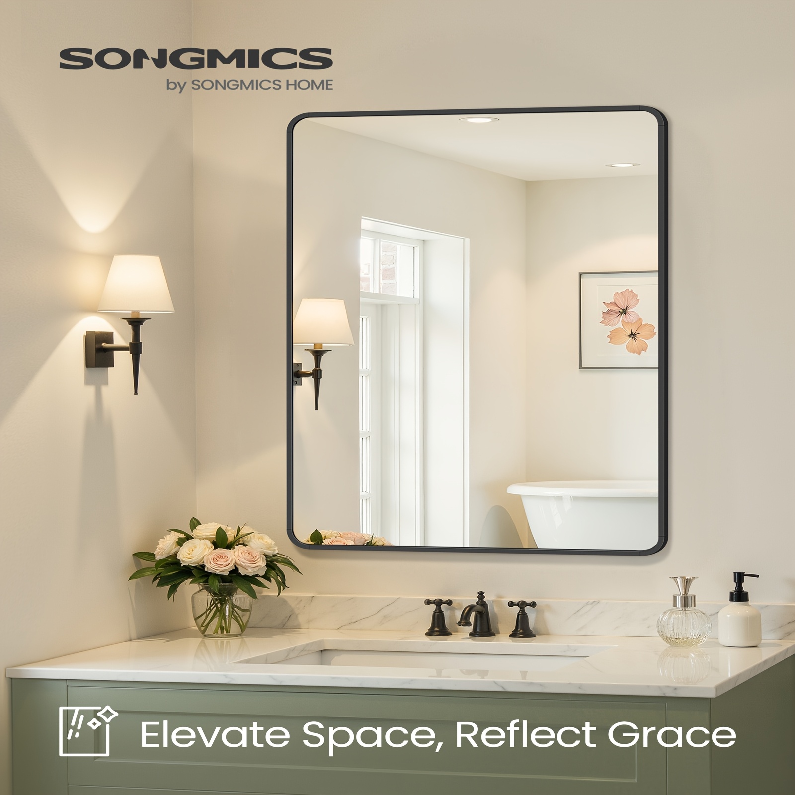 TEMU de Salle de Bain pour Évier, Rectangulaire Mural pour , Cadre en Aluminium, 91 x 61 cm, avec Film de Sécurité, 2 Options de Montage, pour Salon,