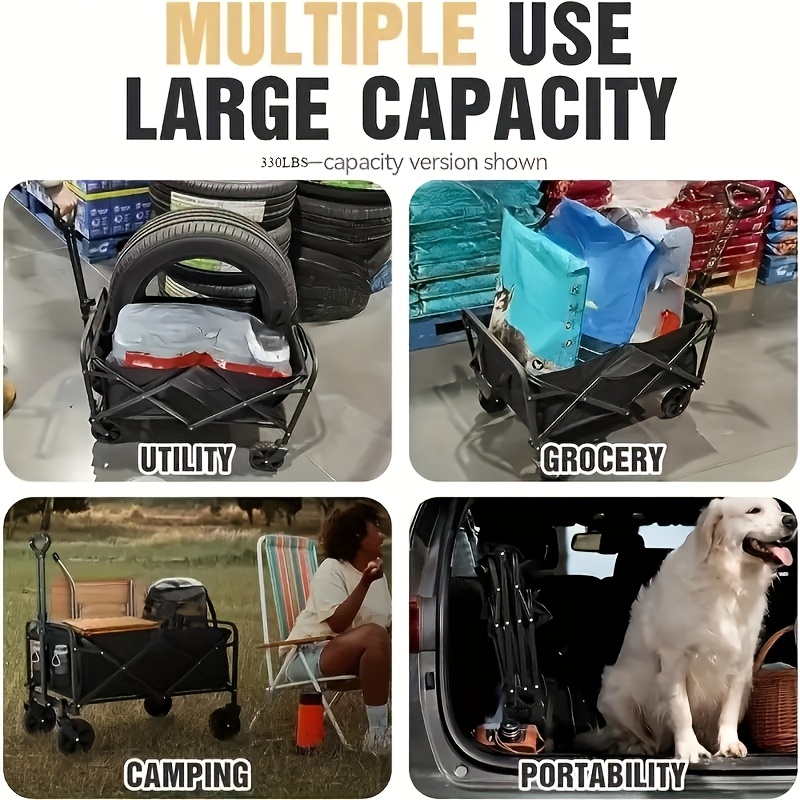 [Heavy Duty Hand Truck] 1pc Heavy Duty Foldable Hand Truck | 330/450/600 lbs Load Capacity, All-terrain Wheels, 27.56'' Interior Space | Great for BBQ, Outdoor Activities, Pet Transport, Beach, Lawn, Camping and Shopping - Black