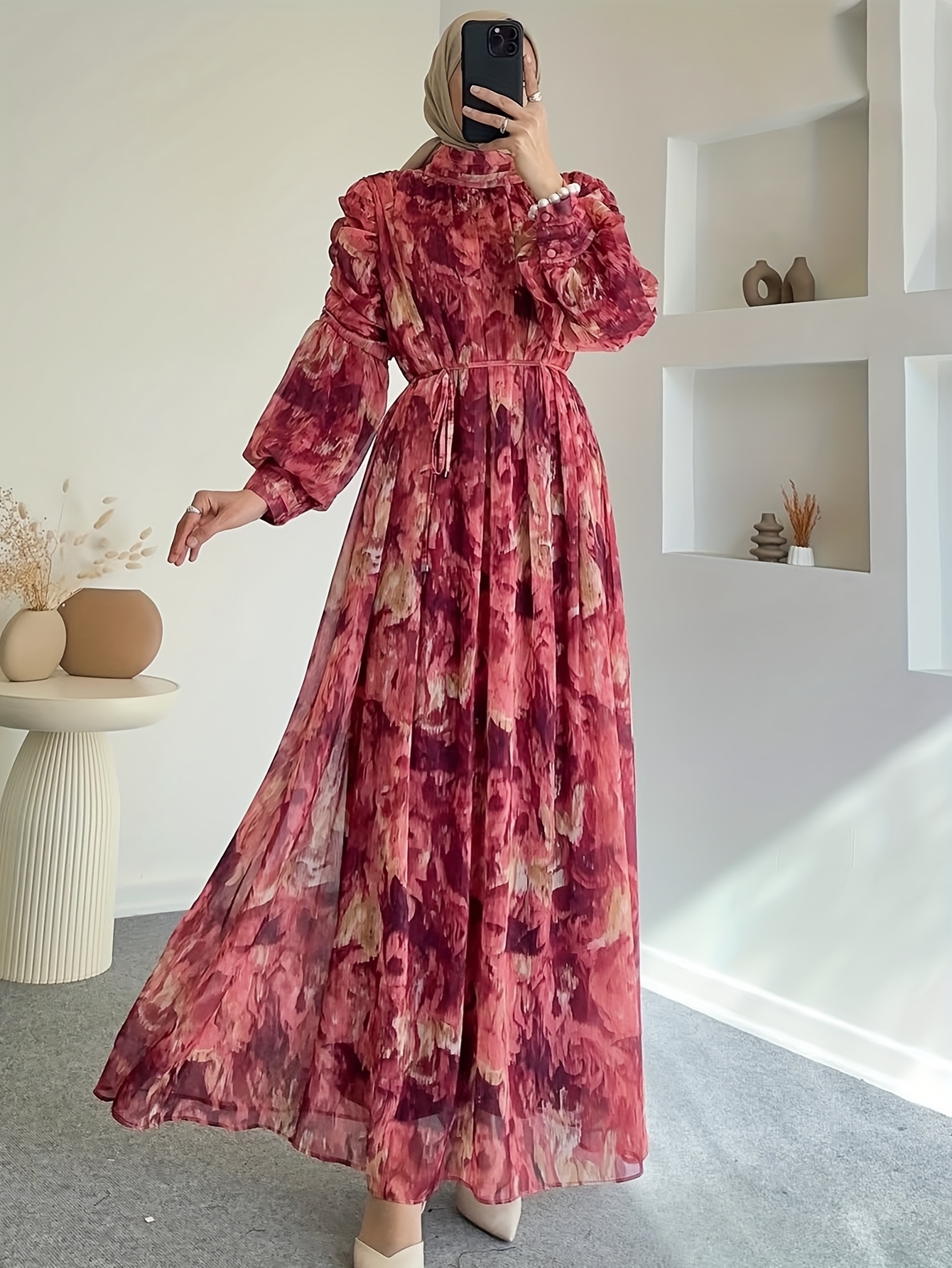 elegant floral maxi dress belt loose fit long sleeve stand Temu